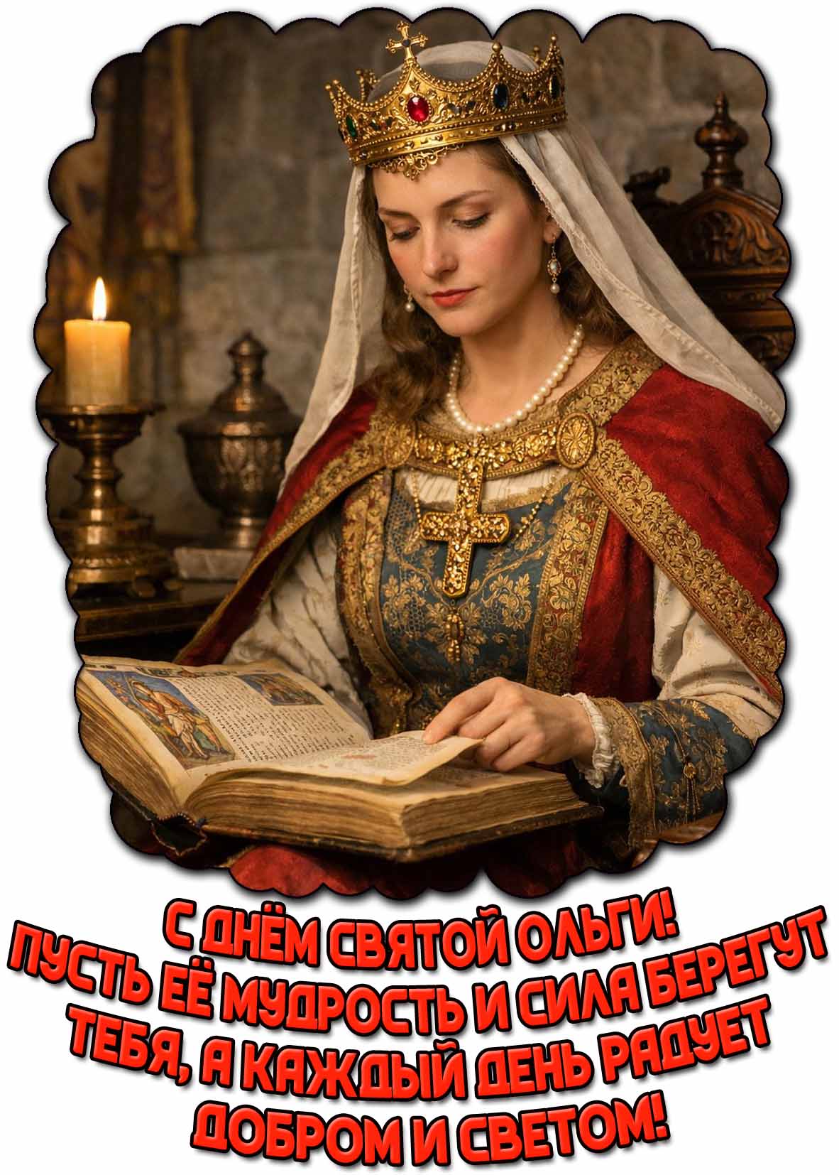 Открытка "С днём святой Ольги! Пусть её мудрость и сила берегут тебя, а каждый день радует добром и светом!"