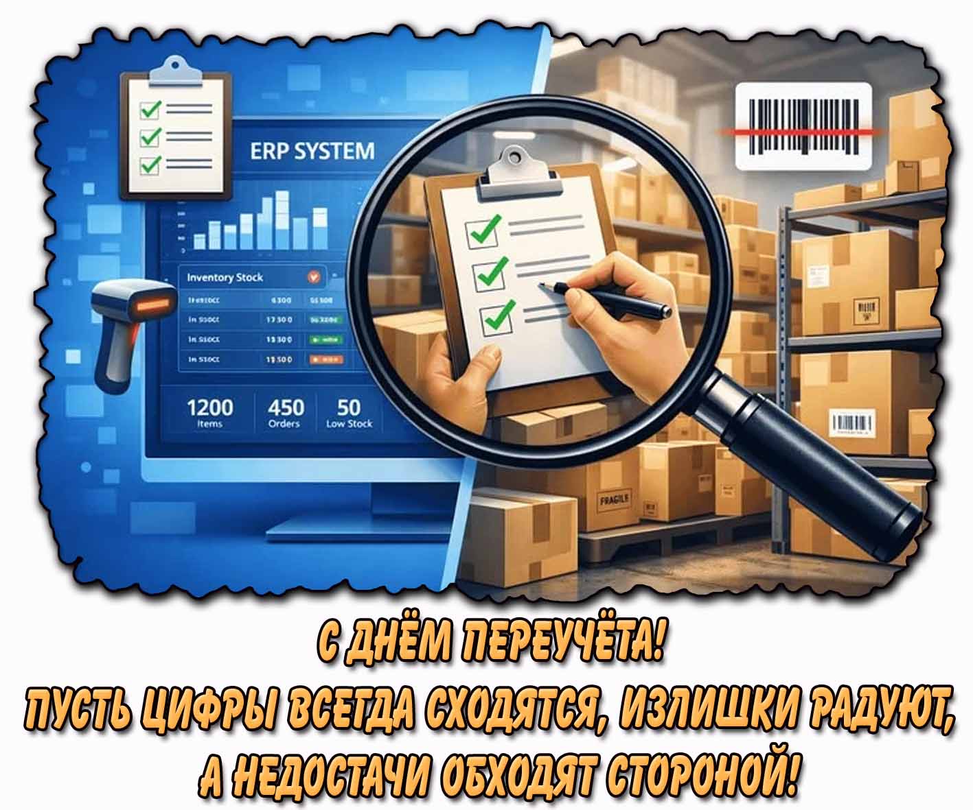 Стильная открытка "С днём переучёта! Пусть цифры всегда сходятся, излишки радуют, а недостачи обходят стороной!"