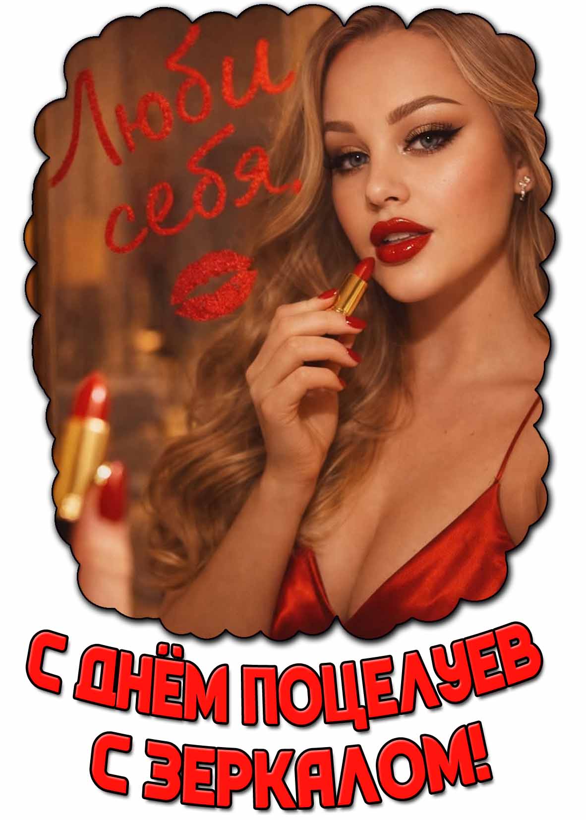 Открытка "С днём поцелуем с зеркалом! Люби себя!"