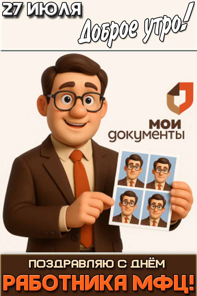 Открытка "27 июля доброе утро! Поздравляю с днём работника МФЦ!"