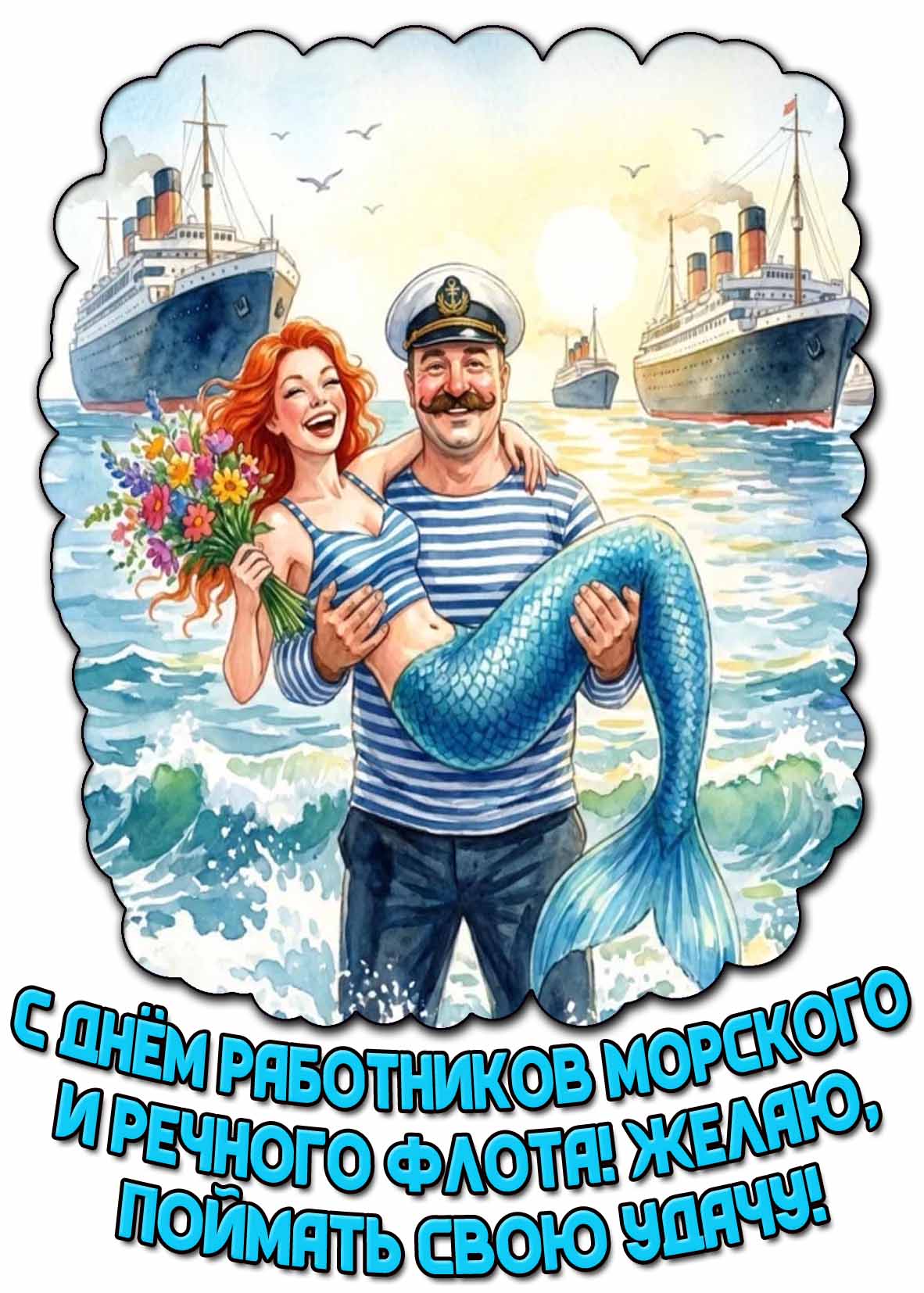 Поздравительная открытка с днём работников морского и речного флота