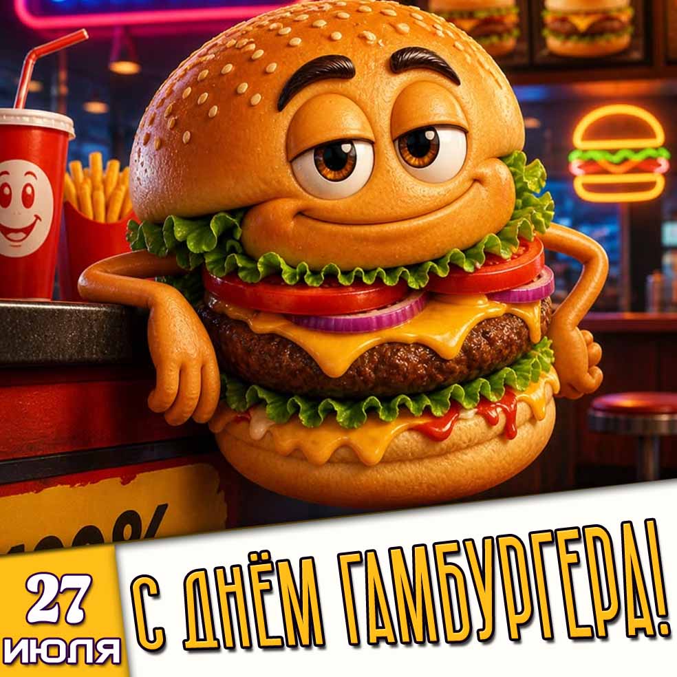 Открытка 27 июля - с днём гамбургера!