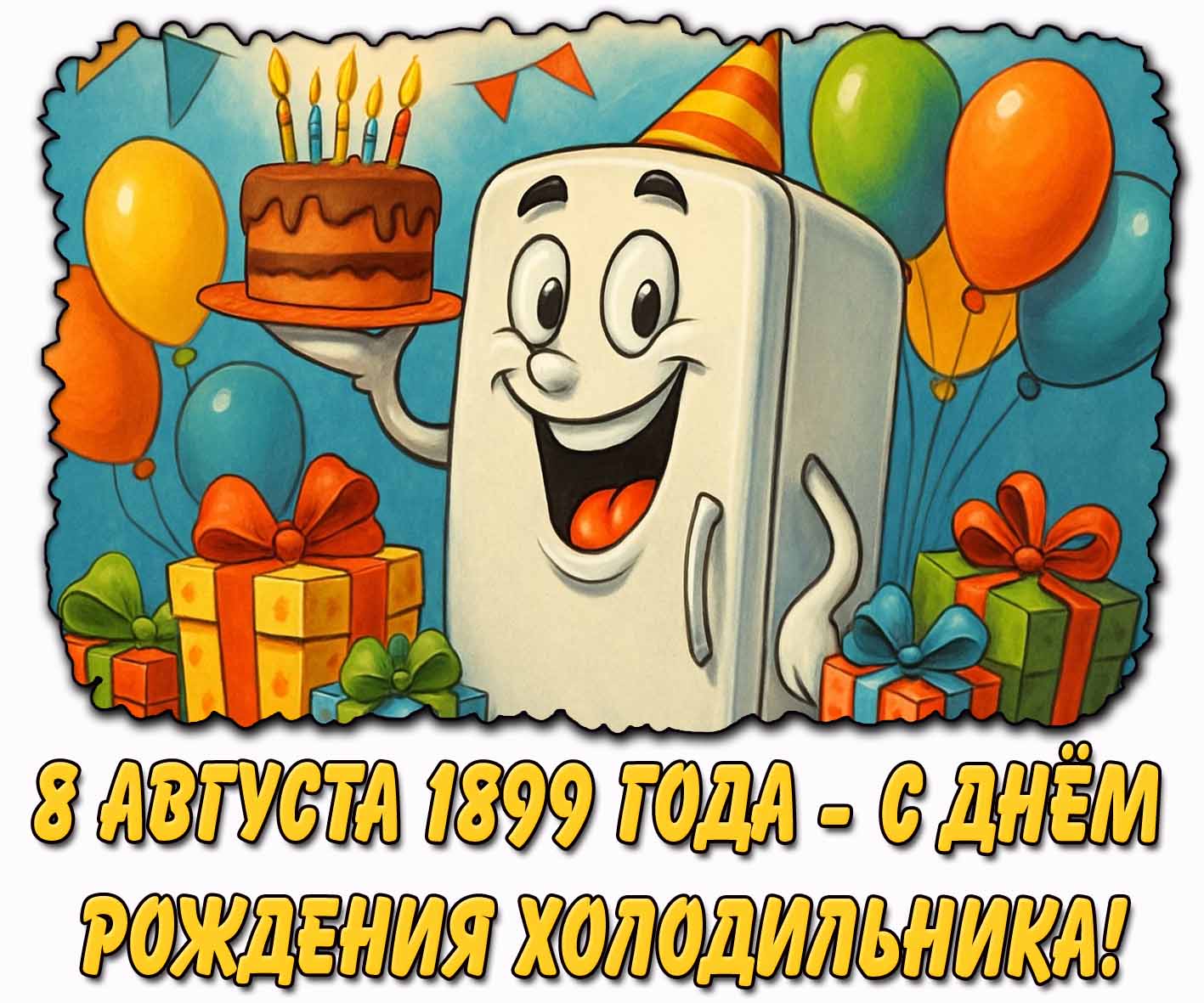 Прикольная открытка "8 августа 1899 года - с днём рождения холодильника!"