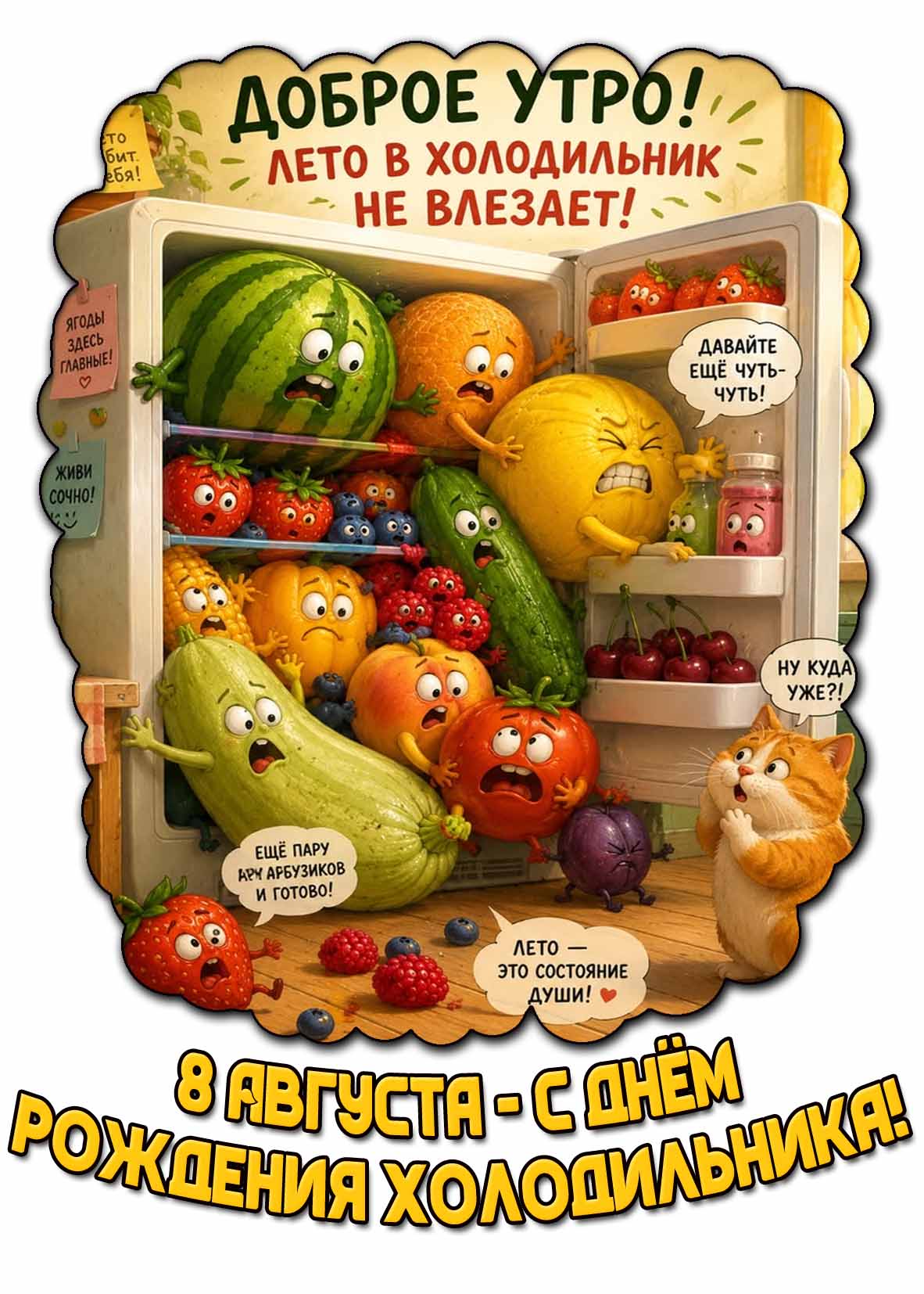 Смешная открытка "Доброе утро! С днём рождения холодильника! Лето в холодильник не влезает!" - 8 августа