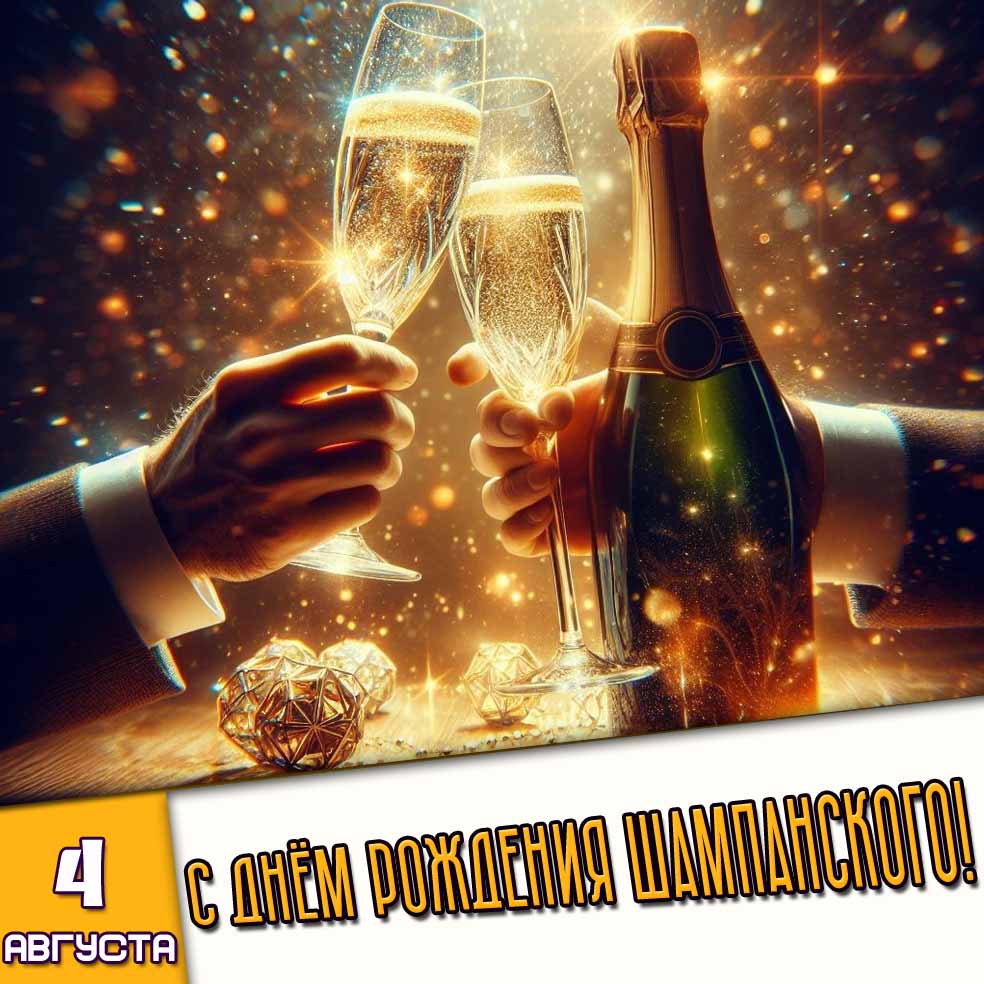 Открытка 4 августа - с днём рождения шампанского!
