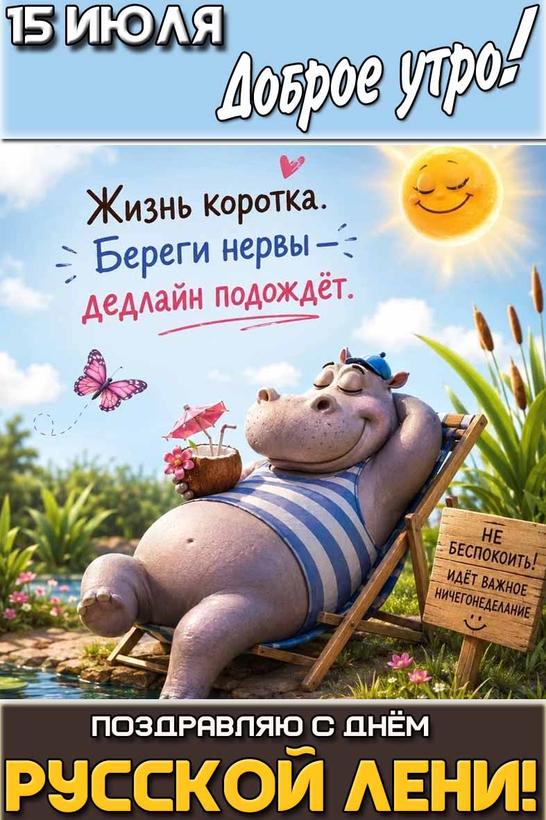 Картинка "15 июля доброе утро! Поздравляю с днём русской лени! Не беспокоить! Идёт важно ничегонеделание!"
