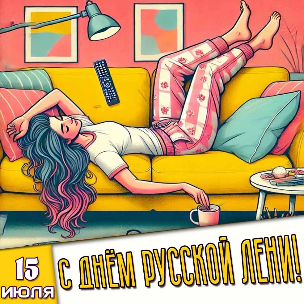 Открытка 15 июля - с днём русской лени!
