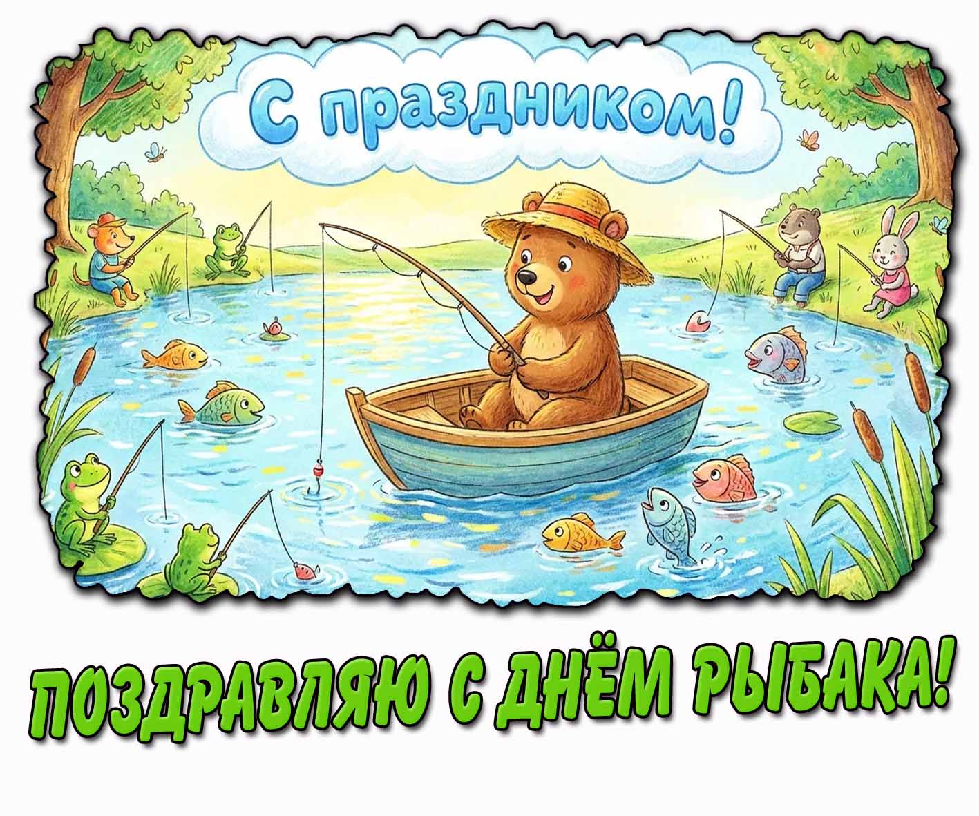 Детская открытка "Поздравляю с днём рыбака! С праздником!"