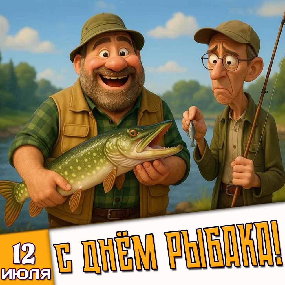Прикольная открытка 12 июля - с днём рыбака!