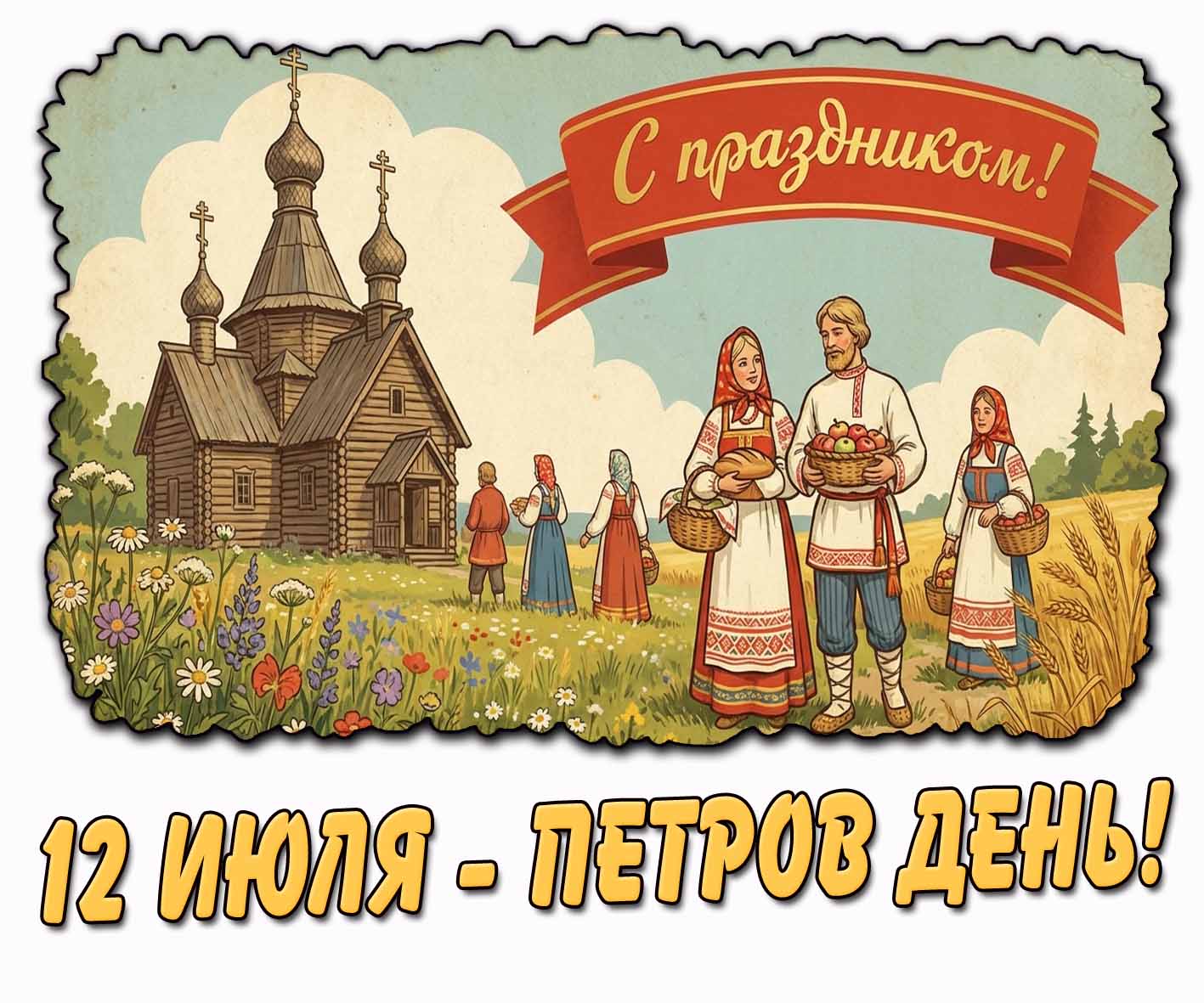 Старорусская открытка "12 июля - Петров день! С праздником!"