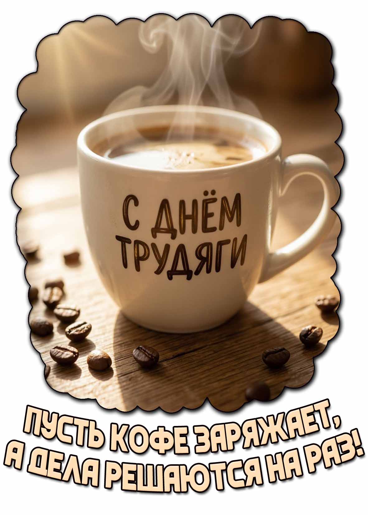 Открытка "С днём трудяги! Пусть кофе заряжает, а дела решаются на раз!"