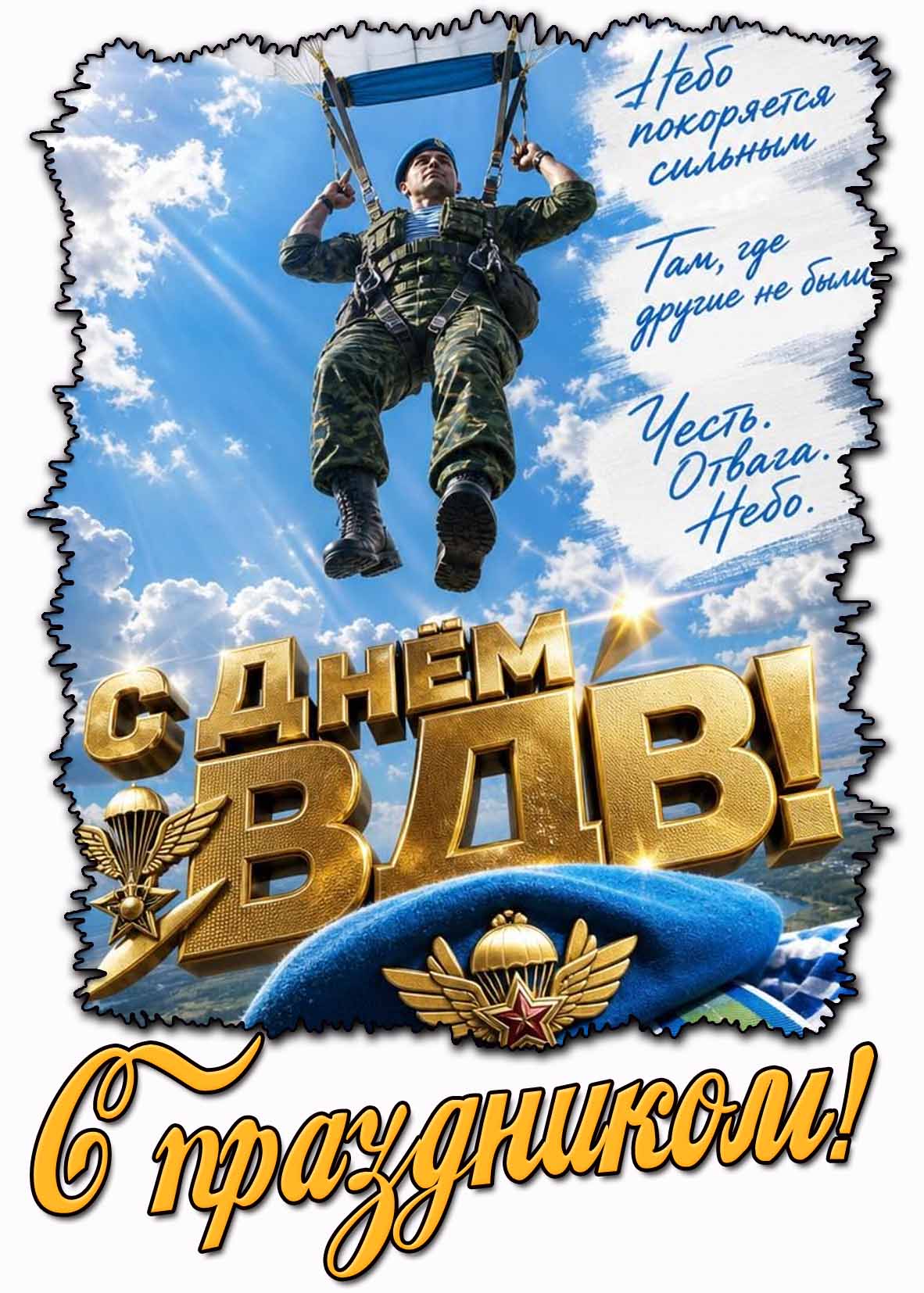 Картинка "С днём ВДВ! Небо покоряется сильным! Там, где другие не были! Честь! Отвага! Небо! С праздником!"