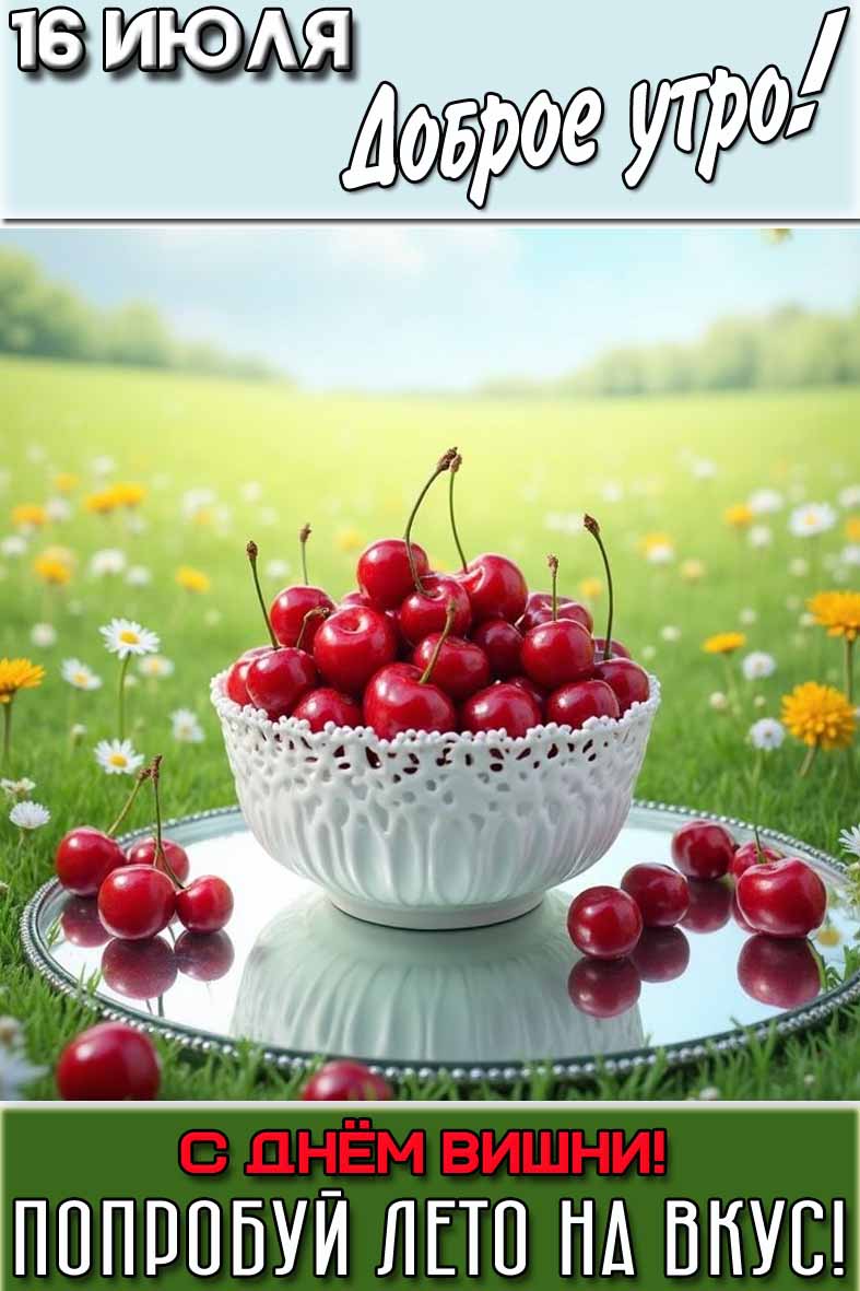 Открытка "16 июля доброе утро! С днём вишни! Попробуй лето на вкус!"