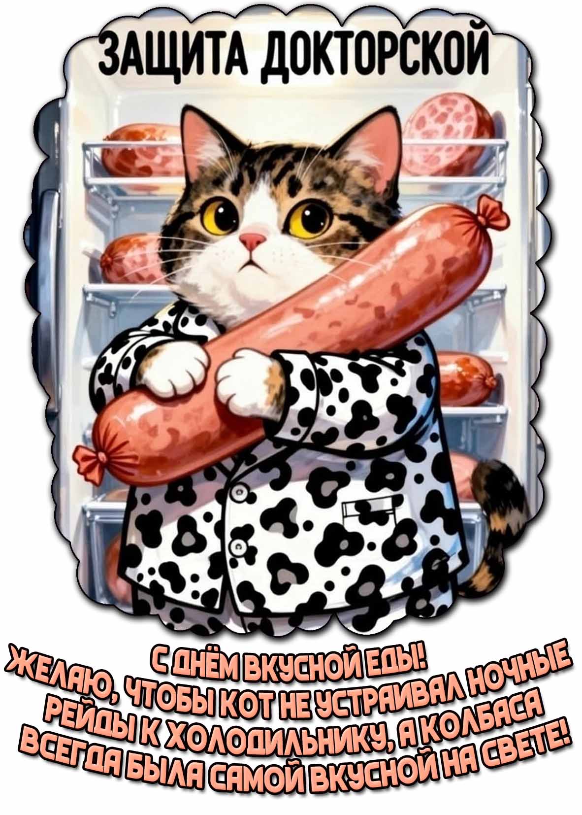 Картинка "С днём вкусной еды! Желаю, чтобы кот не утраивал ночные рейды к холодильнику, а колбаса всегда была самой вкусной на свете!"
