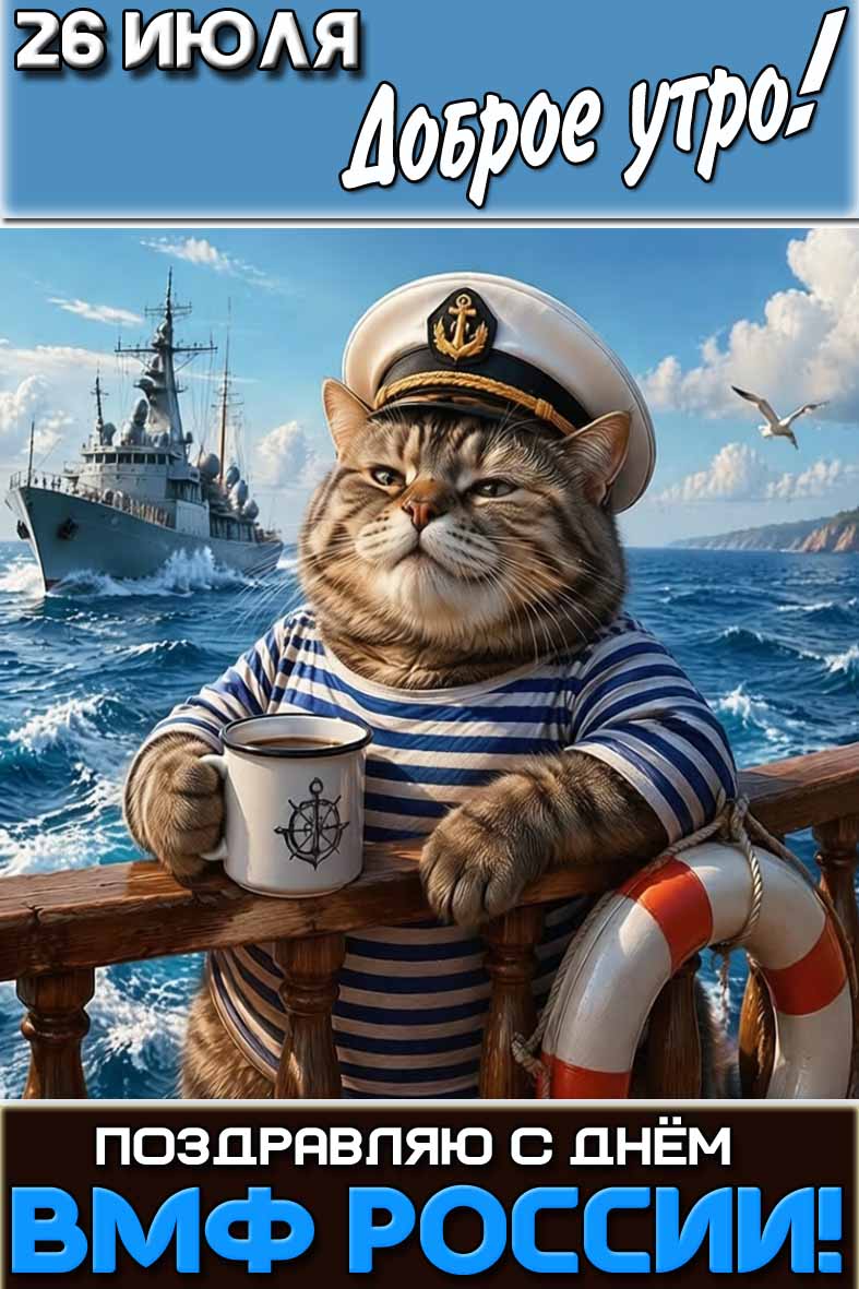 Прикольная открытка "26 июля доброе утро! Поздравляю с днём ВМФ России!"