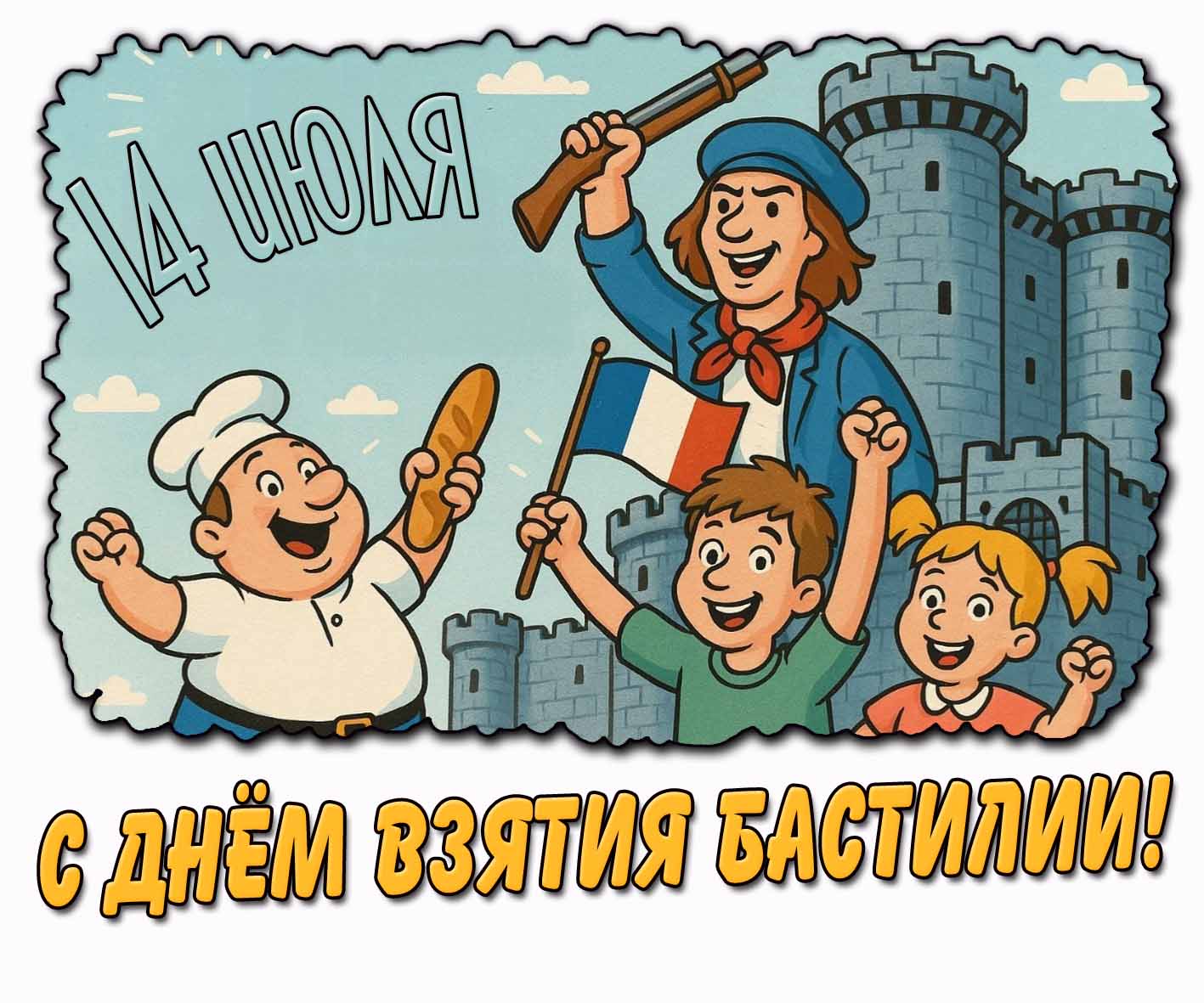 С днём взятия Бастилии! - прикольная открытка на 14 июля