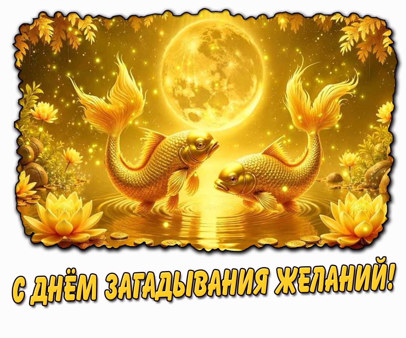 С днём загадывания желаний! - открытка с золотыми рыбками