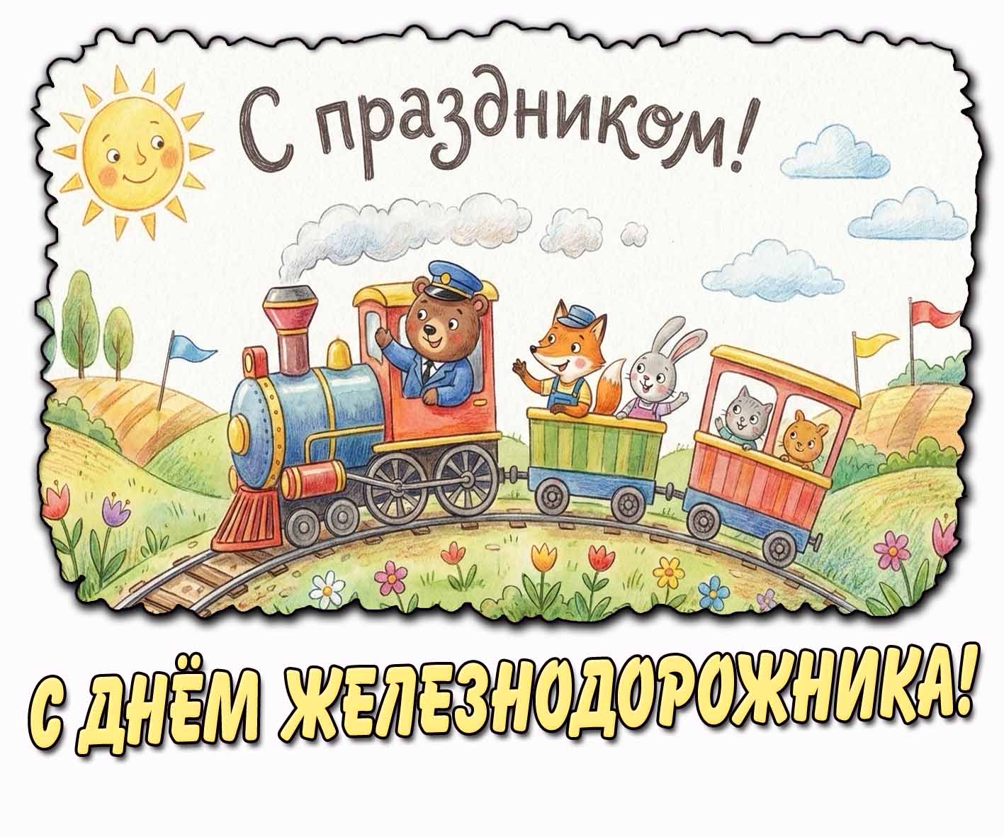 Детская открытка "С днём железнодорожника! С праздником!"