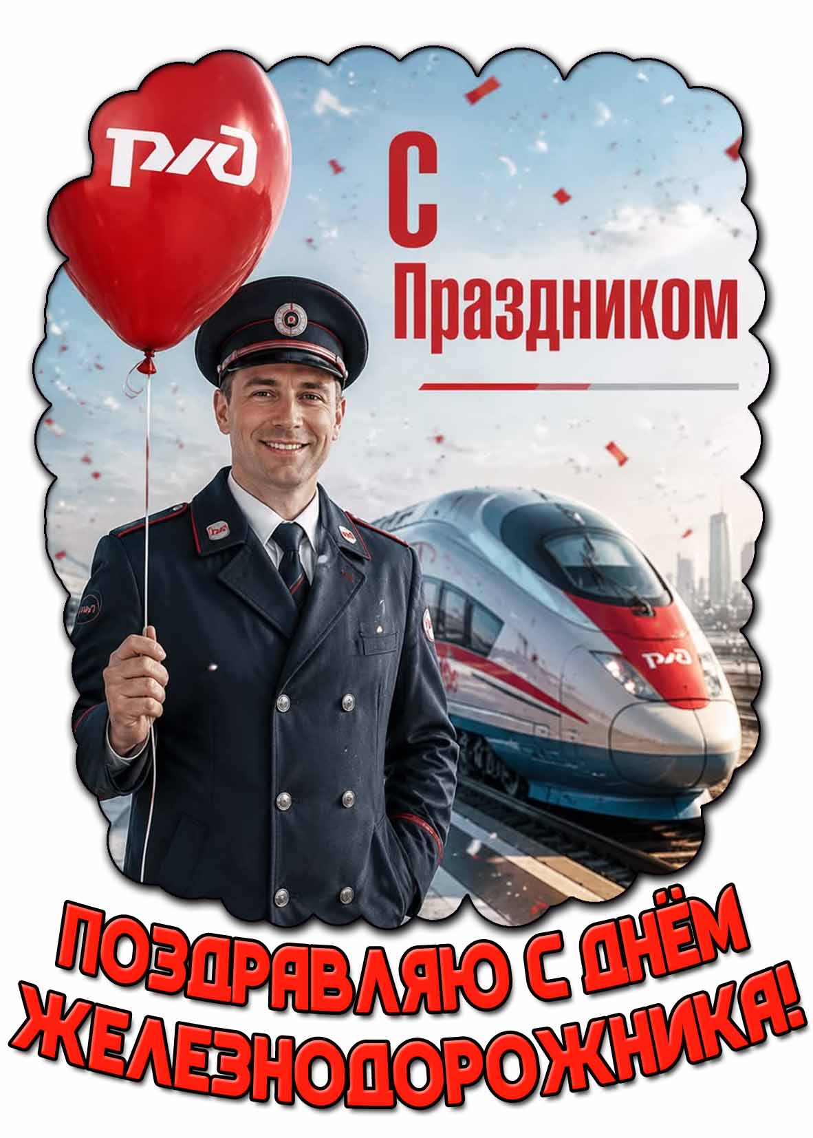 Открытка "Поздравляю с днём железнодорожника! С праздником! РЖД!"
