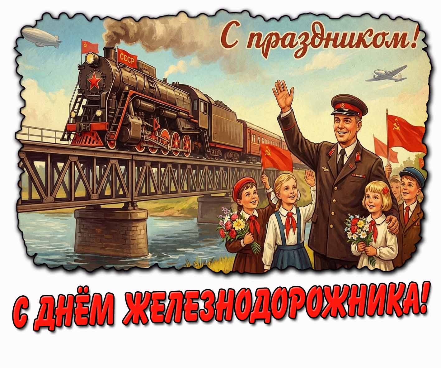 Советская картинка "С днём железнодорожника! С праздником!"