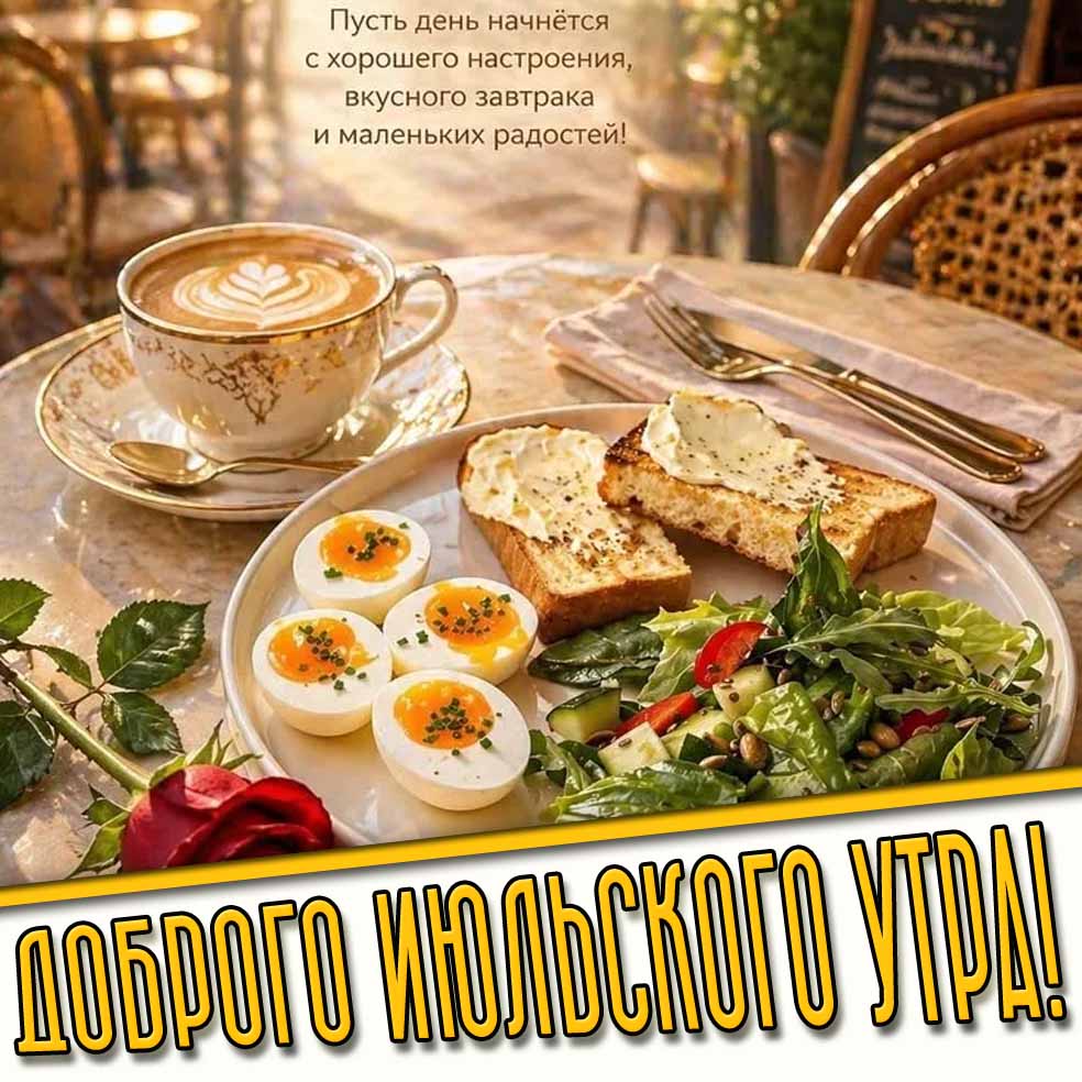 Открытка "Доброго июльского утра! Пусть день начнётся с хорошего настроения, вкусного завтрака и маленьких радостей!"