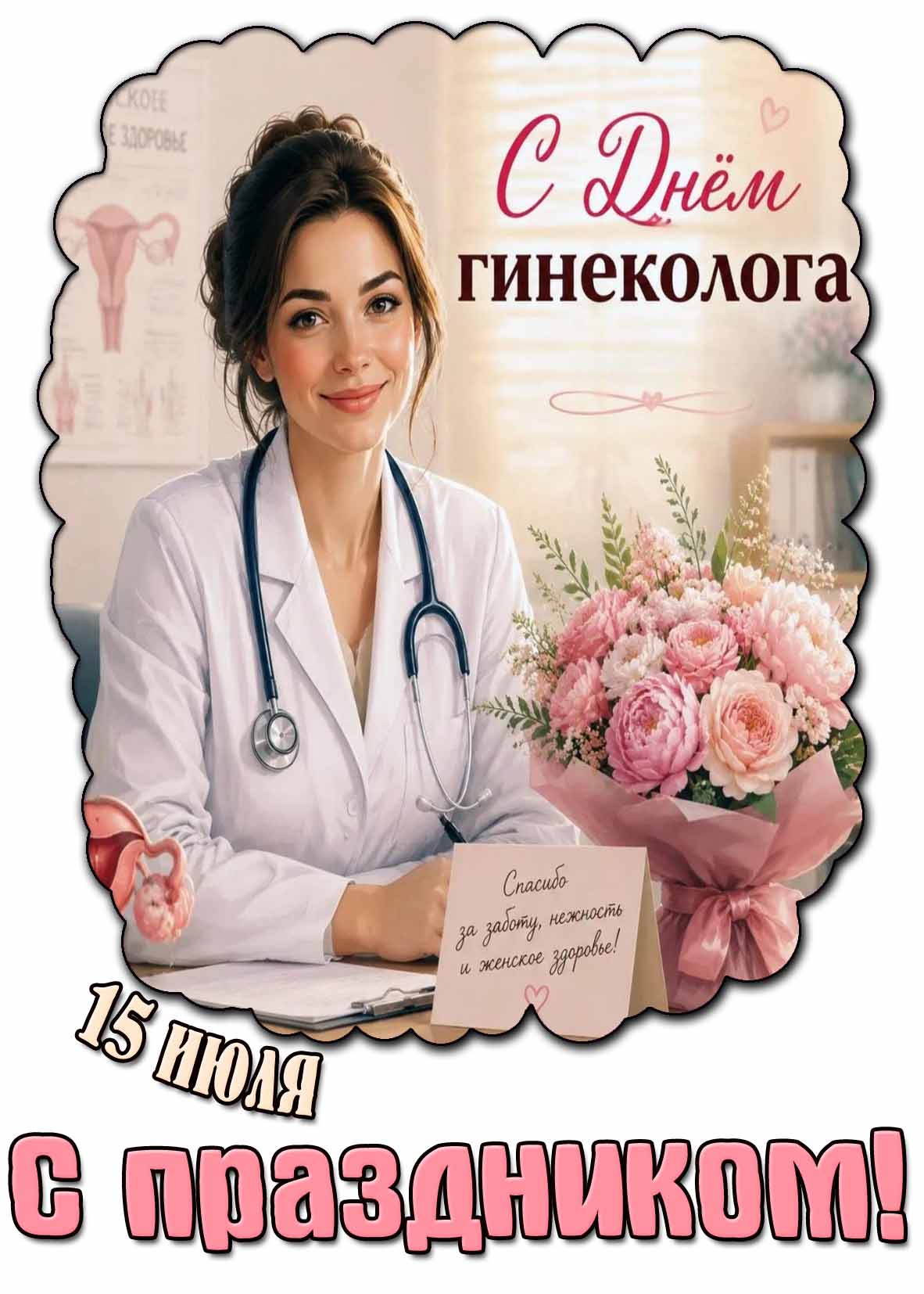 Картинка 15 июля - с днём гинеколога! Спасибо за заботу, нежность и женское здоровье! С праздником!