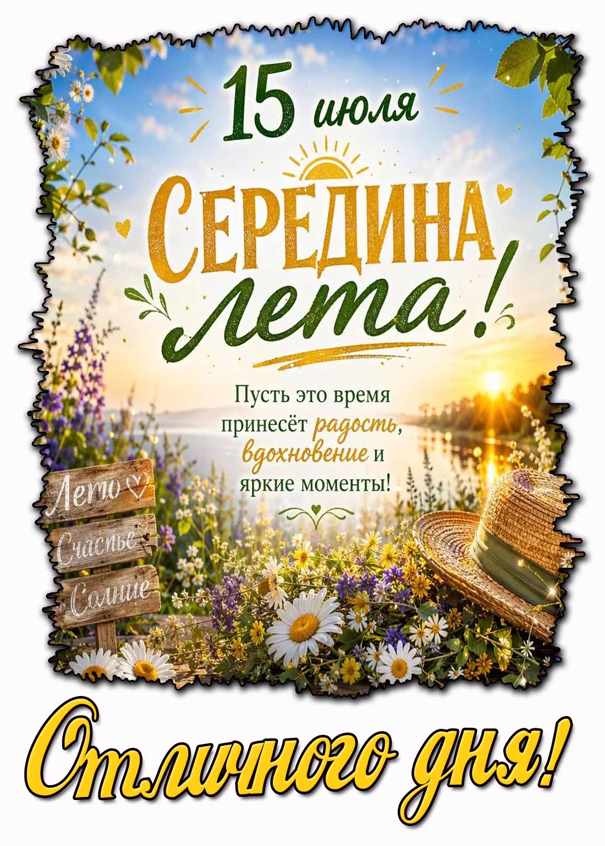 Картинка 15 июля - середина лета! Отличного дня! Пусть это время принесёт радость, вдохновение и яркие моменты!