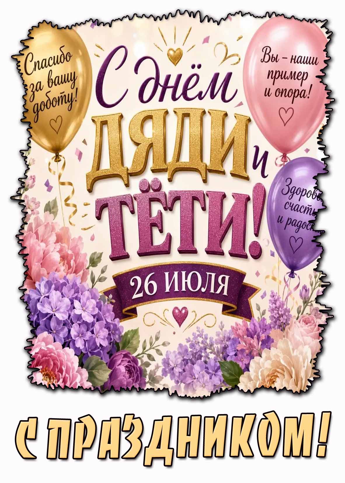 Картинка 26 июля - с днём дяди и тёти! Спасибо за вашу доброту! Вы - наши пример и опора! Здоровья, счастья и радости! С праздником!