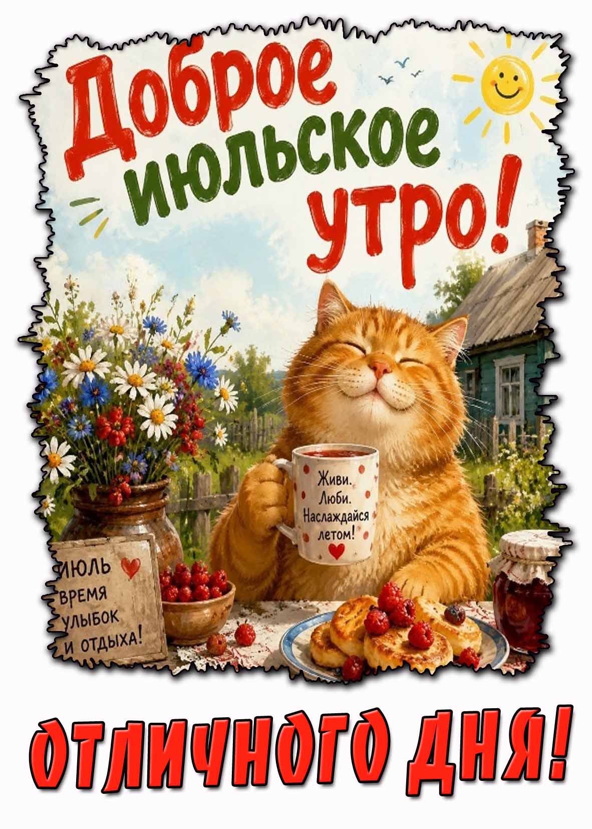 Картинка "Доброе июльское утро! Отличного дня! Живи! Люби! Наслаждайся летом!"
