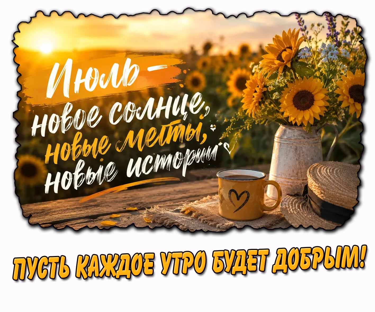Картинка "Июль - новое солнце, новые мечты, новые истории! Пусть каждое утро будет добрым!"