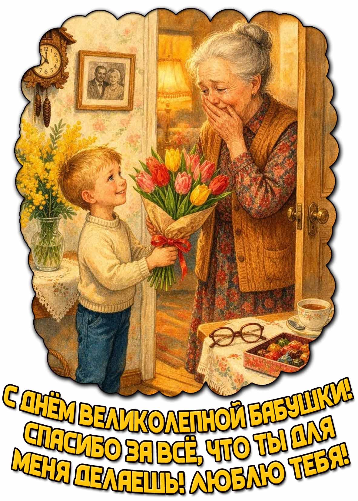 Картинка от внука "С днём великолепной бабушки! Спасибо за всё, что ты для меня делаешь! Люблю тебя!"