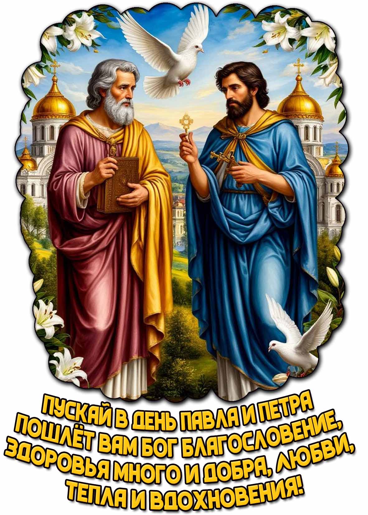Картинка "Пускай в день Павла и Петра пошлёт вам Бог благословение, здоровья много и добра, любви, тепла и вдохновения!"