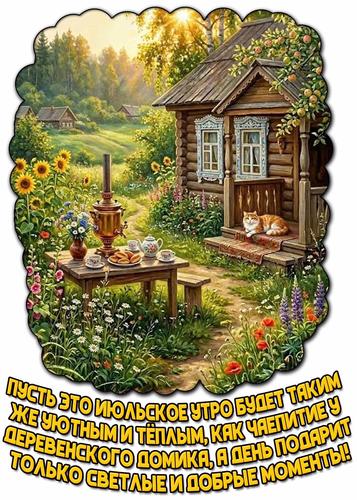 Картинка "Пусть это июльское утро будет таким же уютным и тёплым, как чаепитие у деревенского домика, а день подарит только светлые и добрые моменты!"