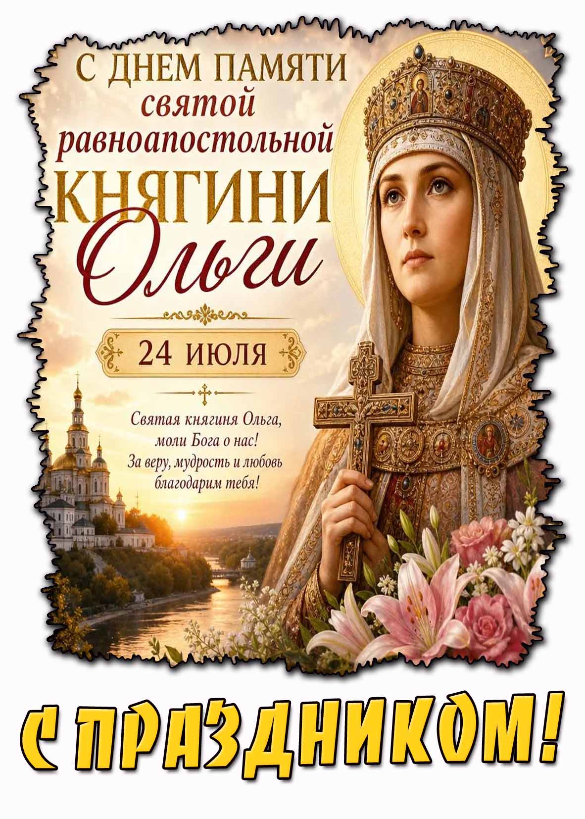Картинка "С днём памяти святой равноапостольной княгини Ольги! Святая княгиня Ольга, моли Бога о нас! За веру, мудрость и любовь благодарим тебя! С праздником!"