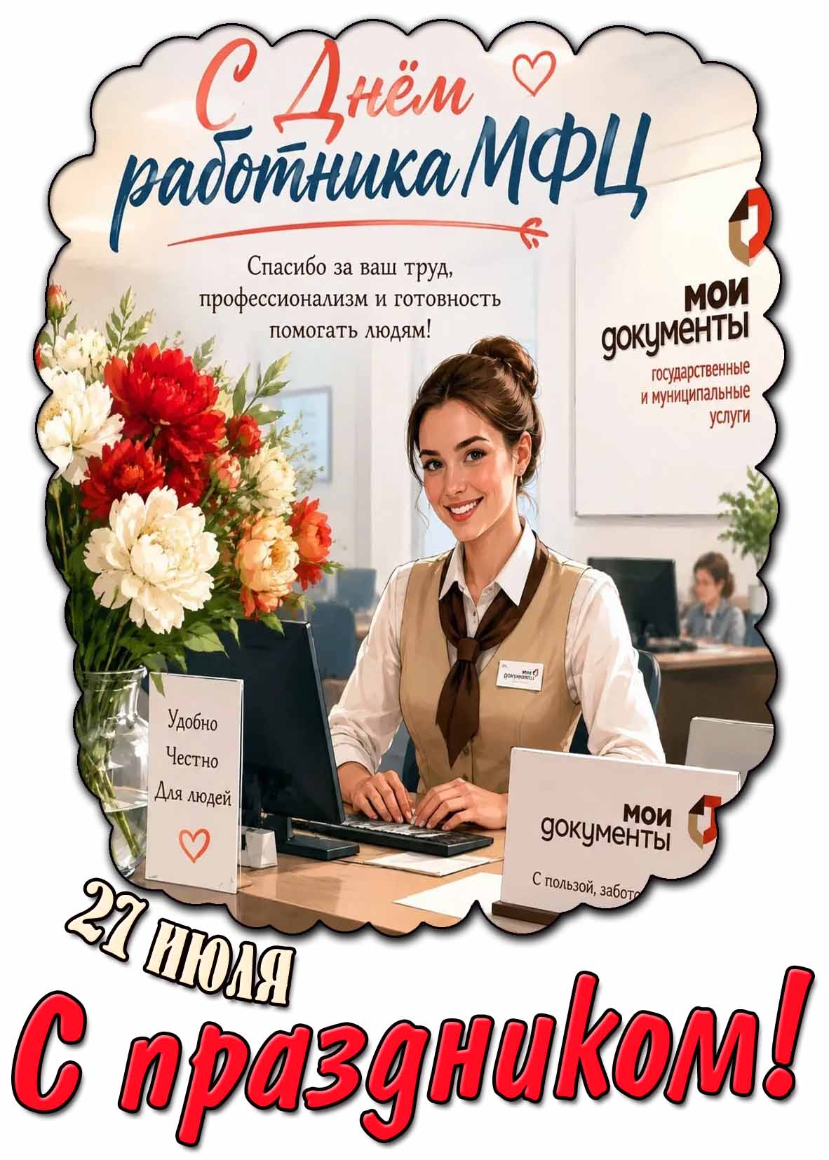 Картинка С днём работника МФЦ! Спасибо за ваш труд, профессионализм и готовность помогать людям! С праздником! - 27 июля