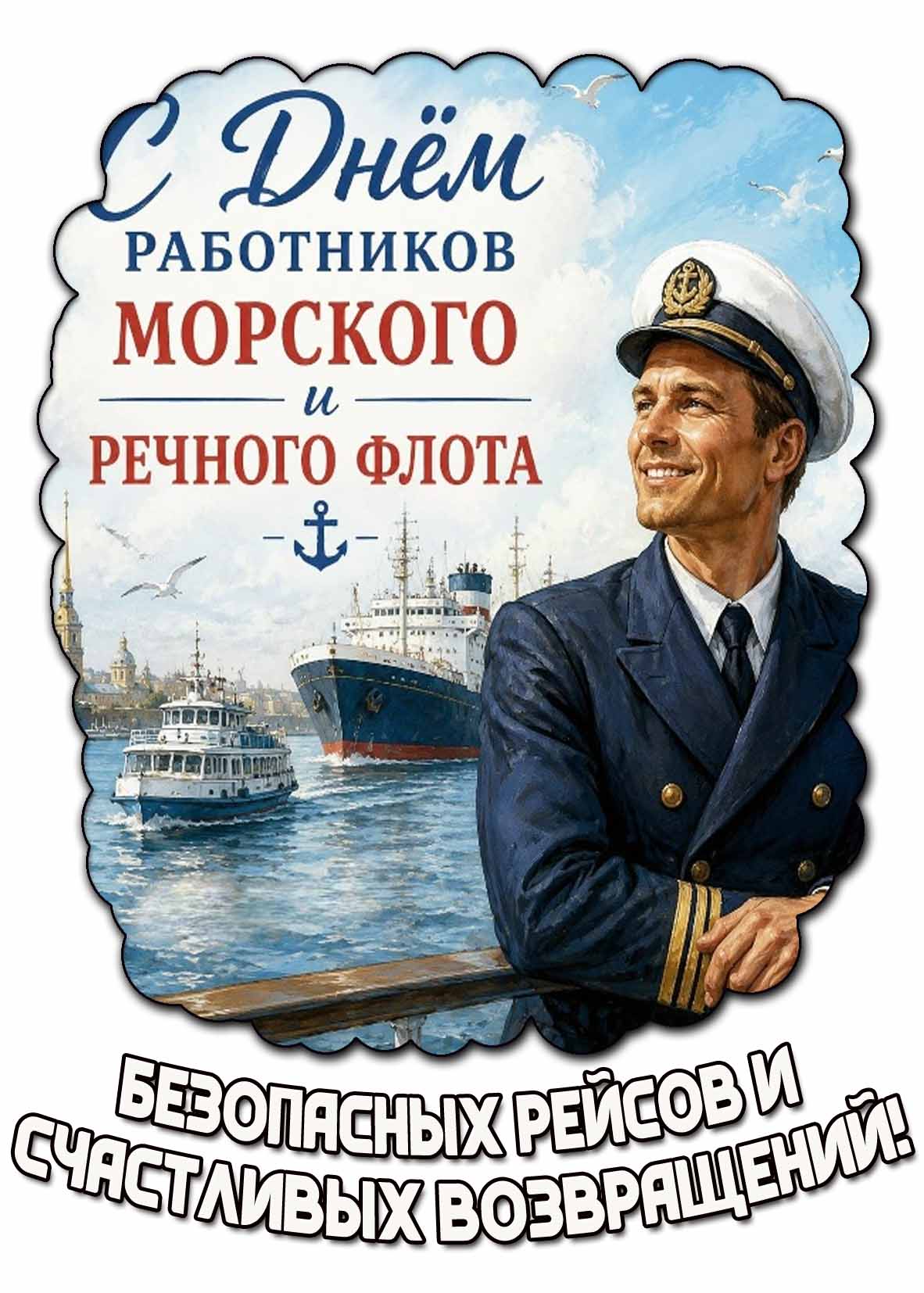 Красивая картинка с капитаном корабля и надписью, чтобы поздравить : С днём работников морского и речного флота! Безопасных рейсов и счастливых возвращений! Картинка "С днём работников морского и речного флота! Безопасных рейсов и счастливых возвращений!"
