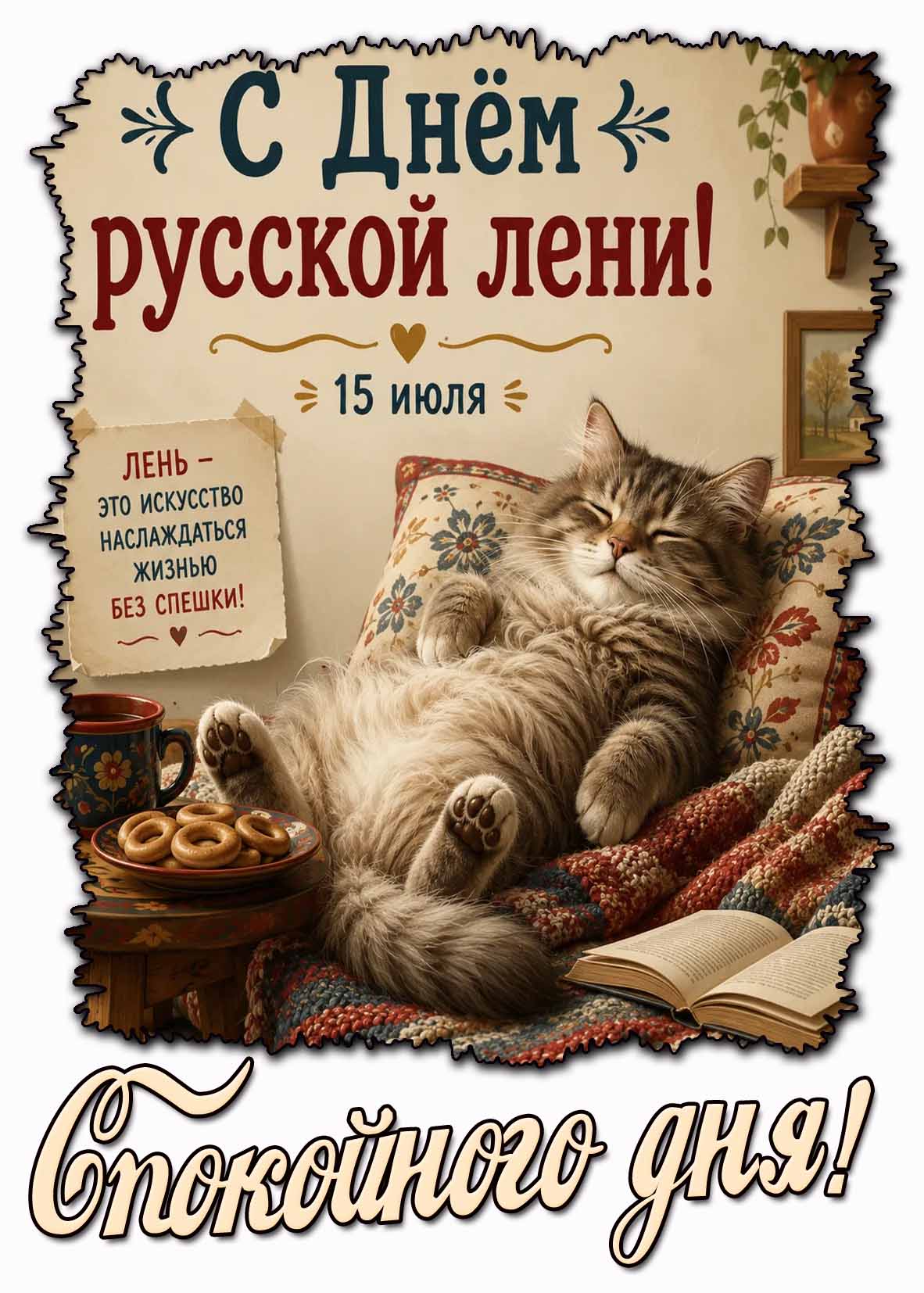 Картинка "С днём русской лени! Спокойного дня! Лень - это искусство наслаждаться жизнью без спешки!" - 15 июля