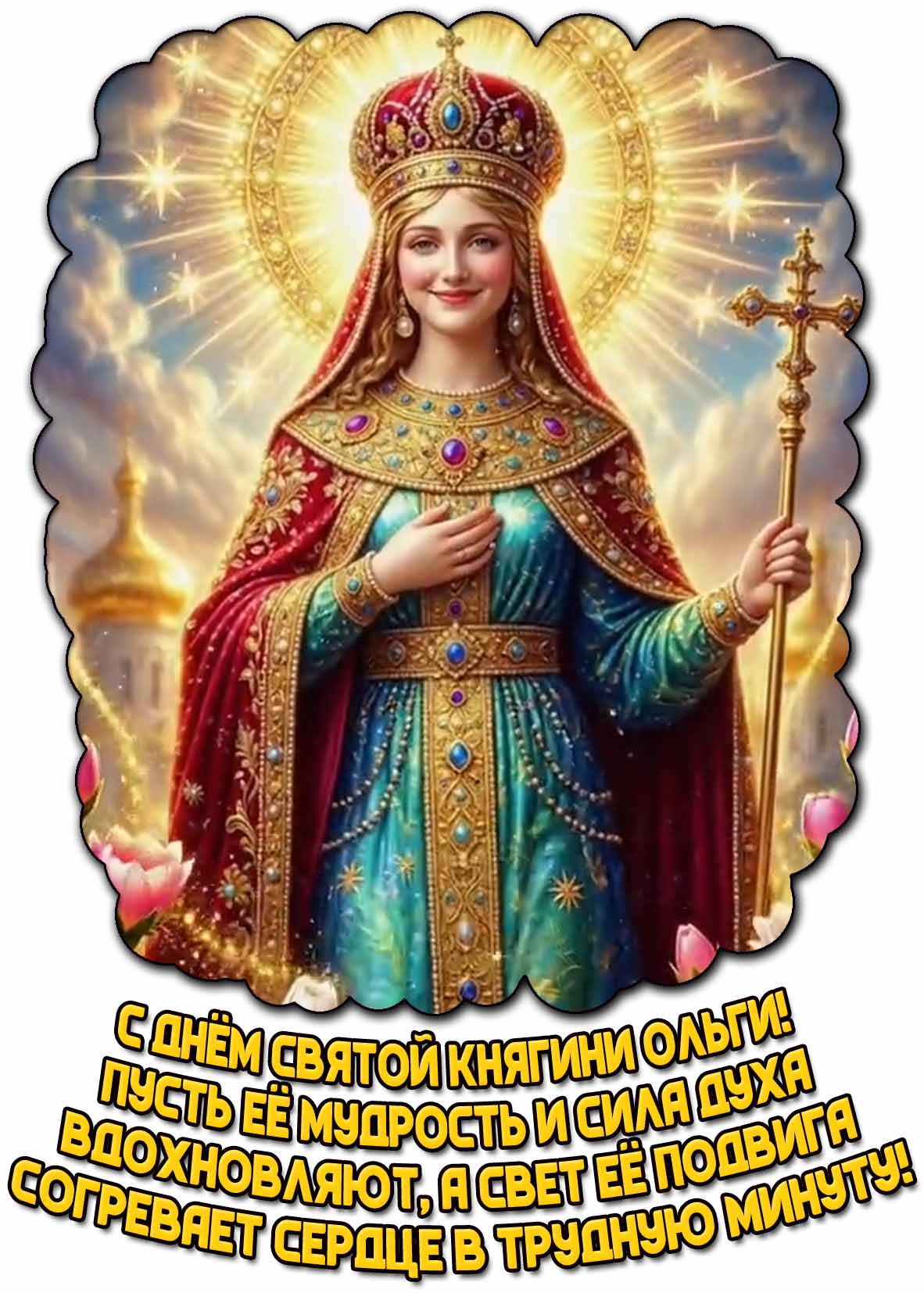 Картинка "С днём святой княгини Ольги! Пусть её мудрость и сила духа вдохновляют, а свет её подвига согревает сердце в трудную минуту!"