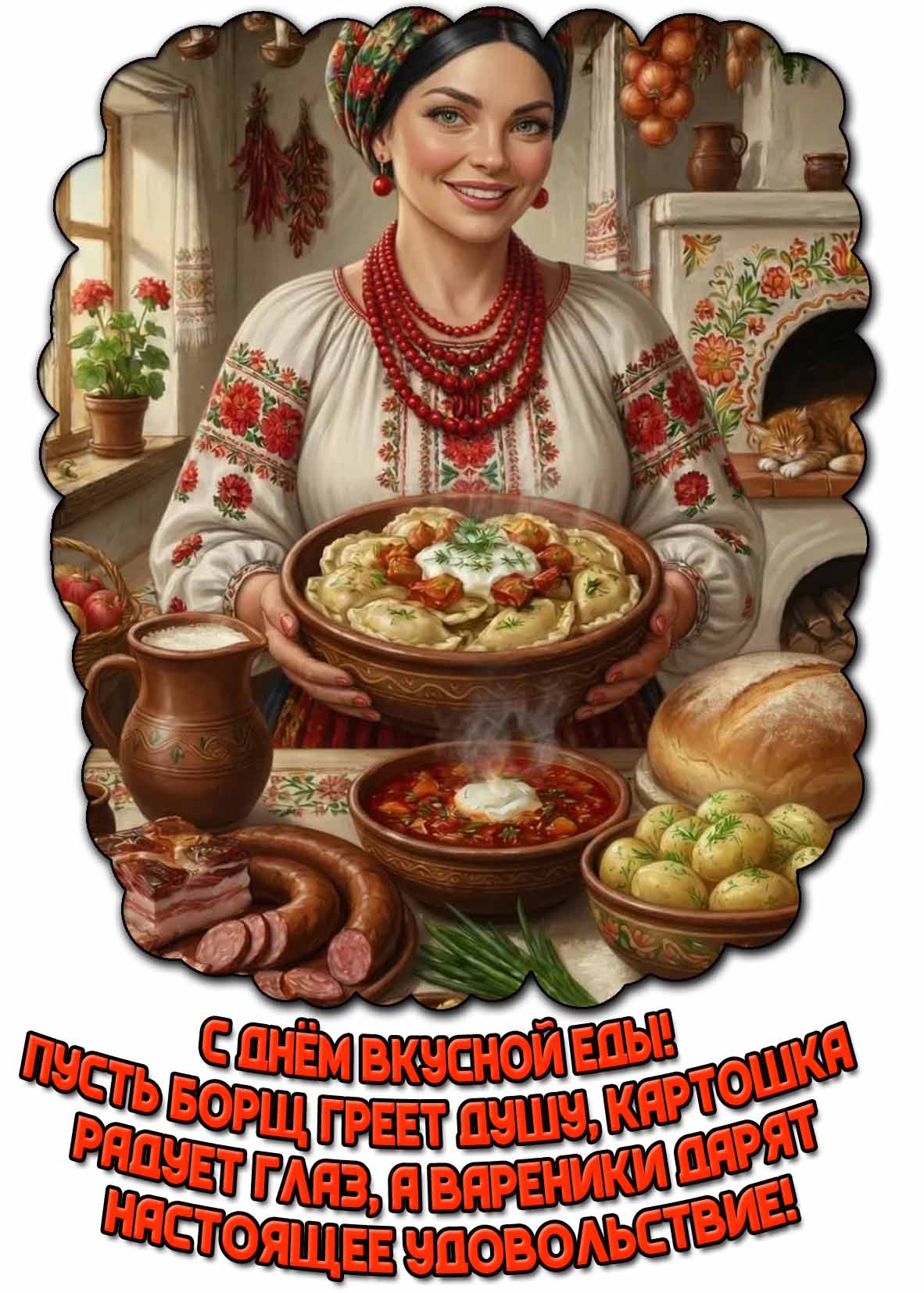 Картинка "С днём вкусной еды! Пусть борщ греет душу, картошка радует глаз, а вареники дарят настоящее удовольствие!"
