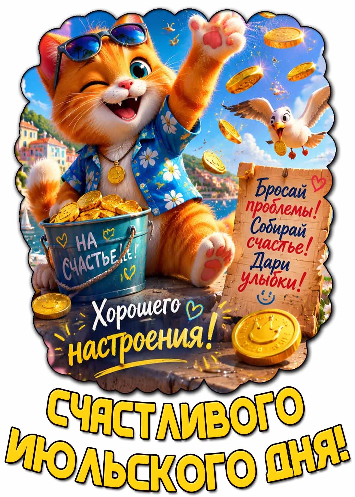Картинка "Счастливого июльского дня! Хорошего настроения! Бросай проблемы! Собирай счастье! Дари улыбки!"