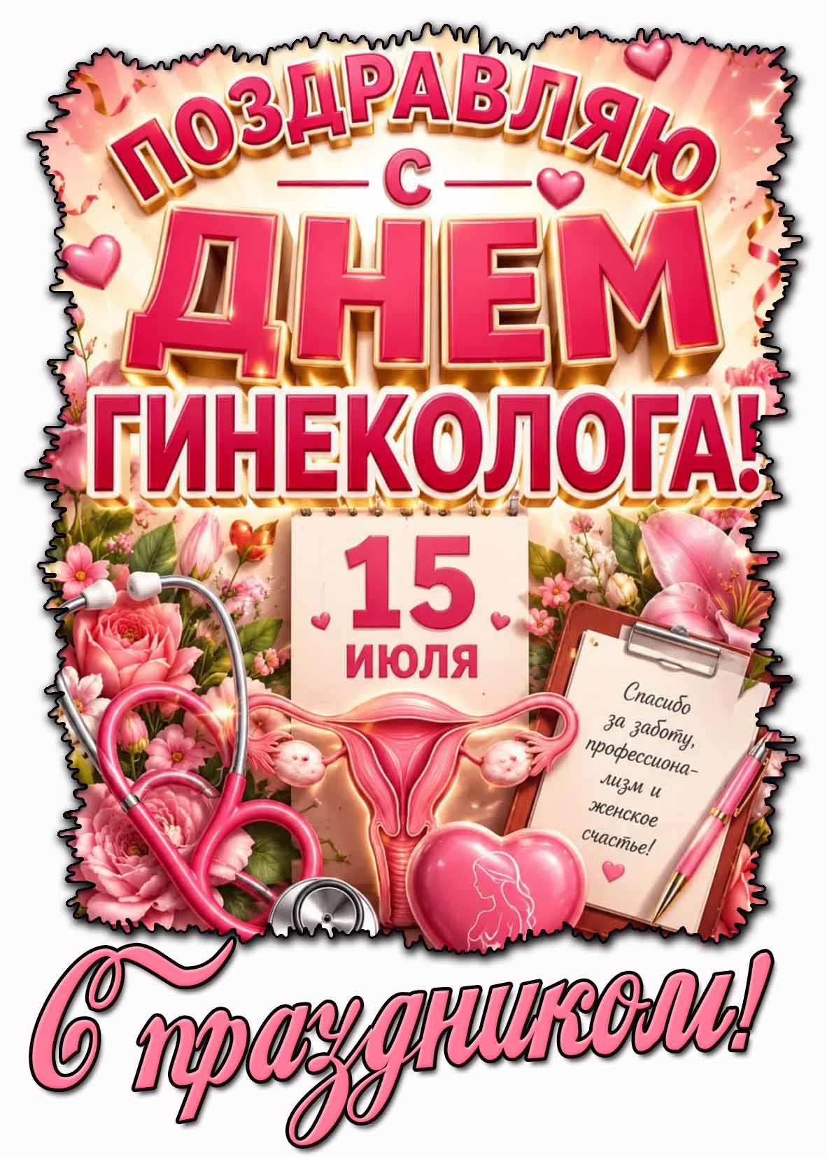 Красивая картинка "Поздравляю с днём гинеколога! Спасибо за заботу, профессионализм и женское счастье! С праздником!" - 15 июля