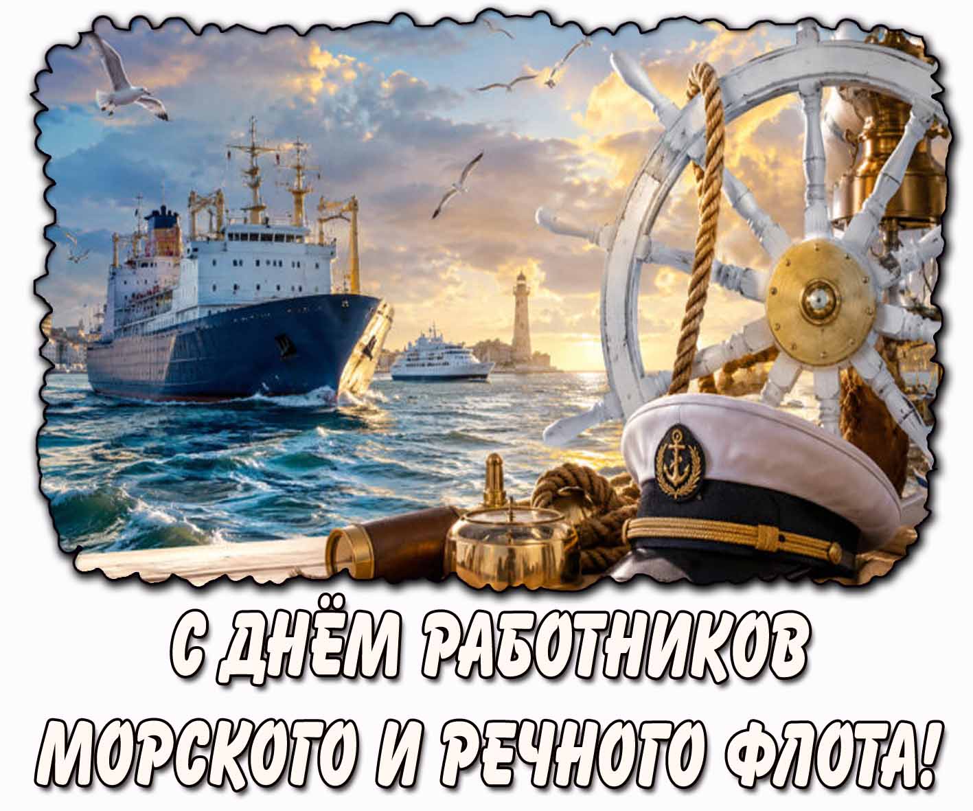 Стильная горизонтальная картинка с фуражкой и штурвалом на фоне парохода и надписью : С днём работников морского и речного флота! Красивая картинка с днём работников морского и речного флота