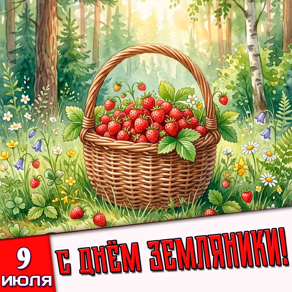 Красивая картинка с днём земляники - 9 июля