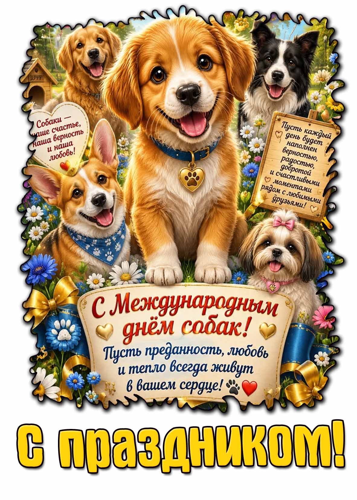 Красивая картинка "С Международным днём собак! Пусть преданность, любовь и тепло всегда живут в вашем сердце! С праздником!"