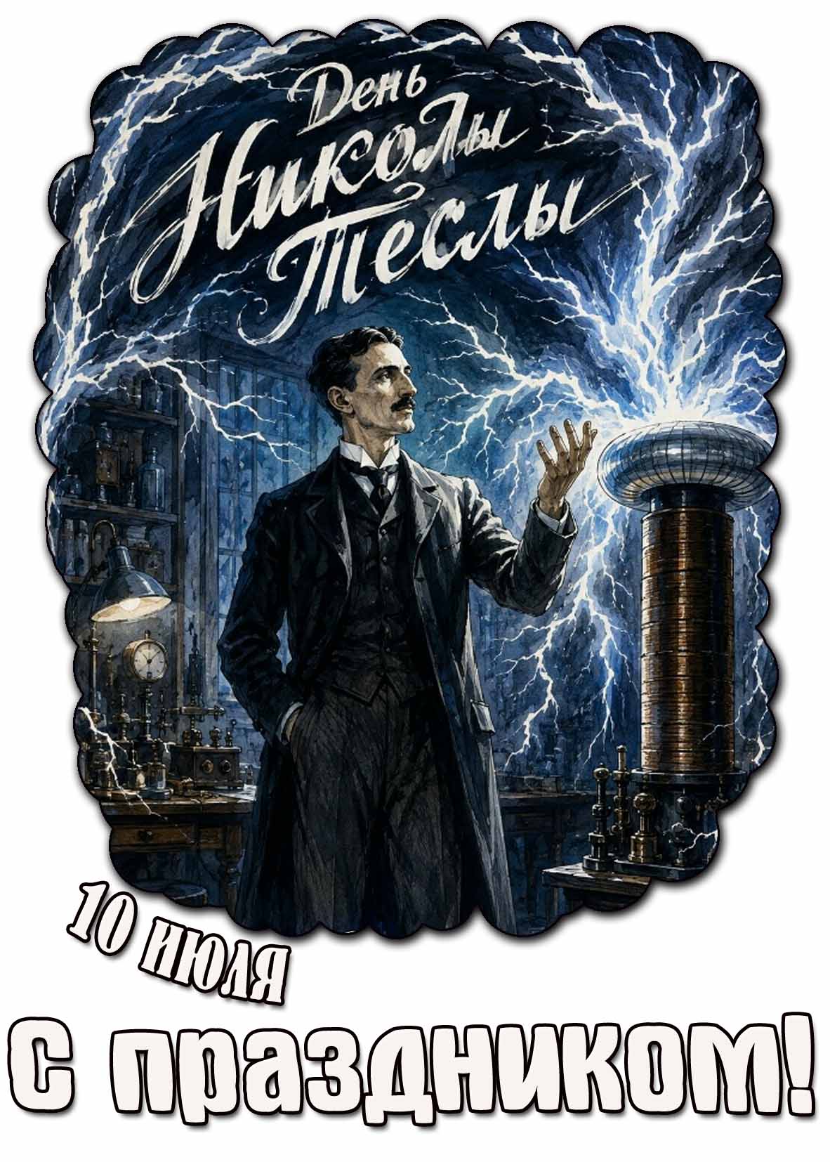 Красивая открытка 10 июля - день Николы Теслы! С праздником!