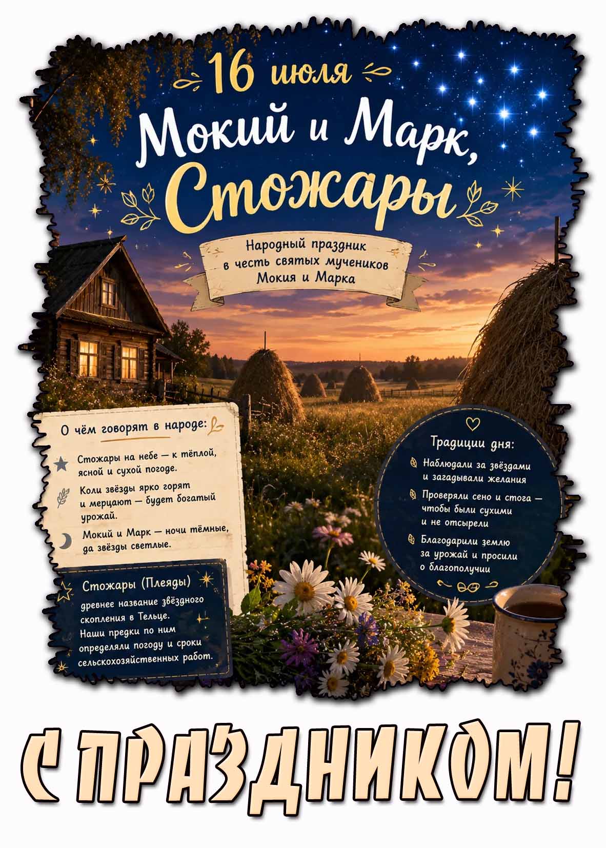 Красивая открытка 16 июля - народный праздник в честь памяти святых Мокия и Марка, Стожары! С праздником!