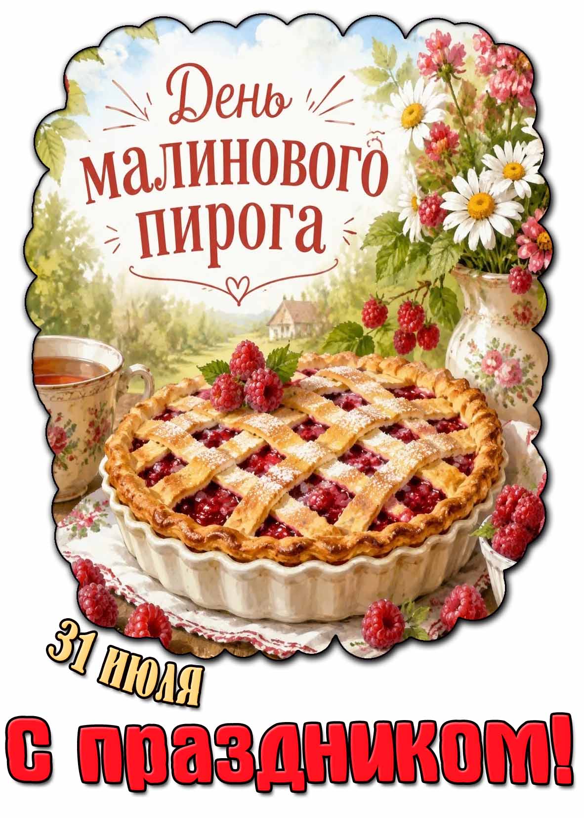 Красивая открытка 31 июля - день малинового пирога! С Праздником!