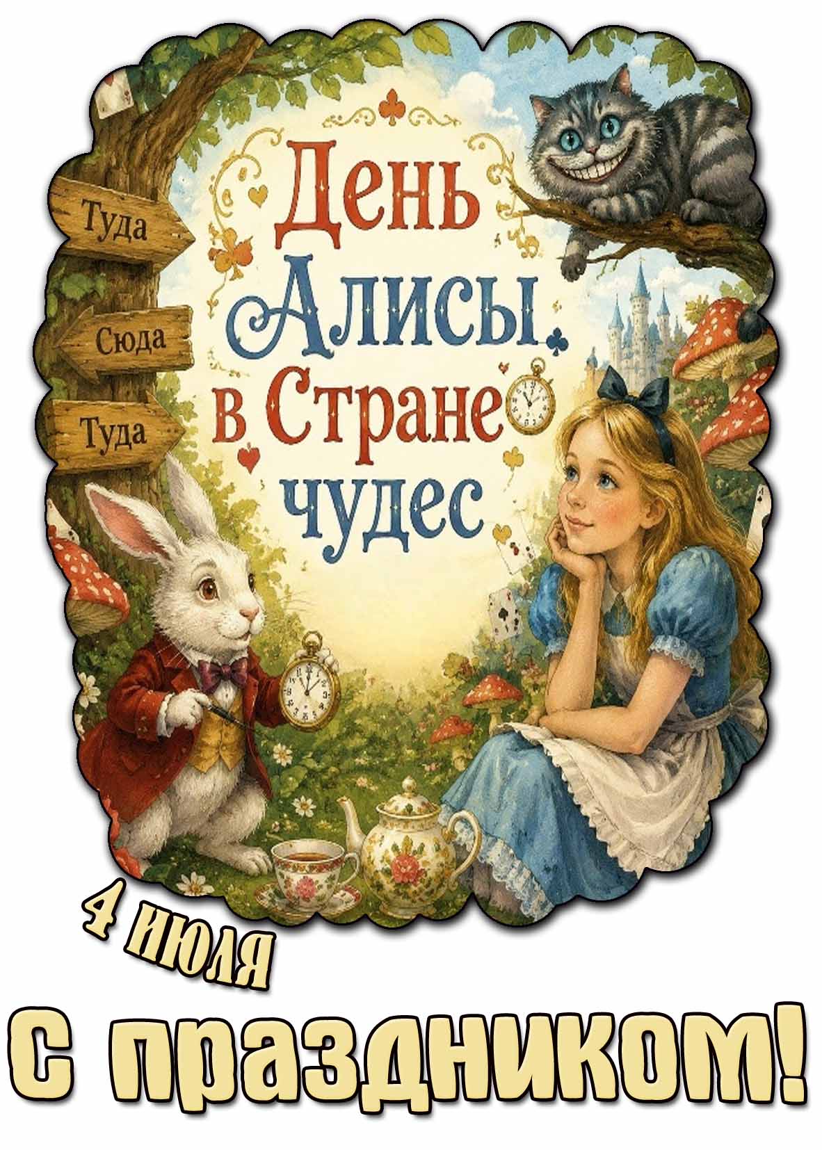 Красивая открытка 4 июля - день Алисы в Стране чудес! С праздником!
