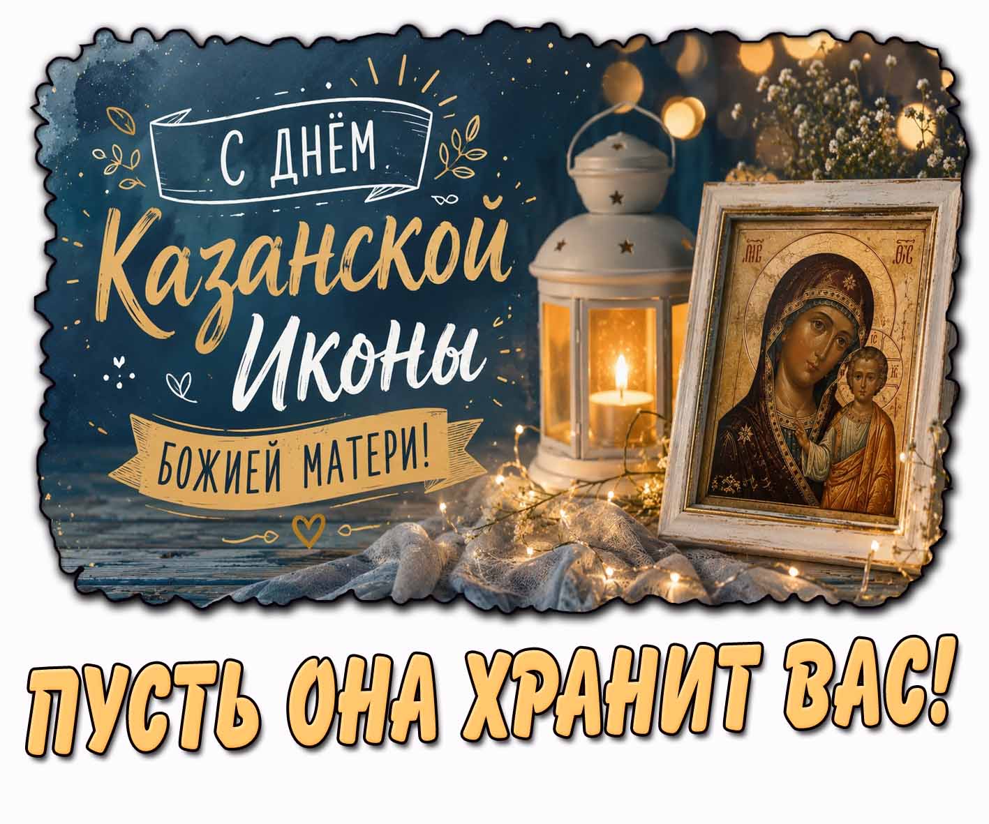 Красивая горизонтальная открытка с чудотворным образом у свечи и надписью : С днём казанской иконы Божией Матери! Пусть она хранит Вас! Красивая открытка "С днём казанской иконы Божией Матери! Пусть она хранит Вас!"