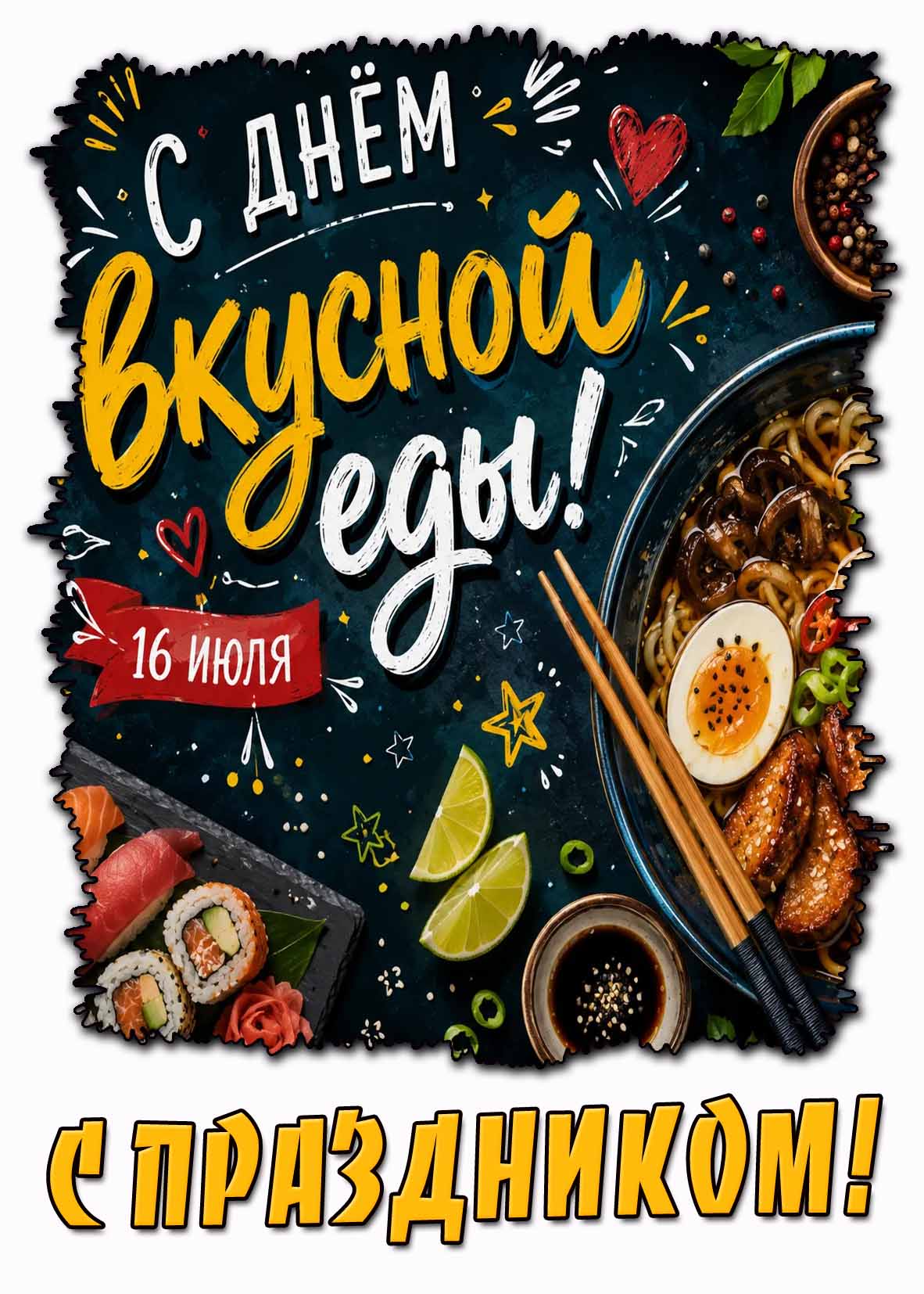 Красивая открытка "С днём вкусной еды! С праздником!" - 16 июля